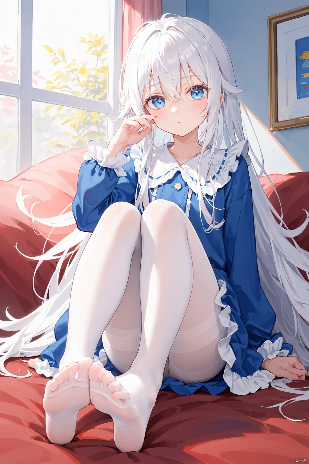  foot focus, 1girl, no shoes, solo, feet, pantyhose, soles, long hair, white pantyhose, looking at viewer, blue eyes, sitting, long sleeves, toes, bangs, foreshortening, hair between eyes, white hair, legs, frills, dress, hand up, thighband pantyhose, full body