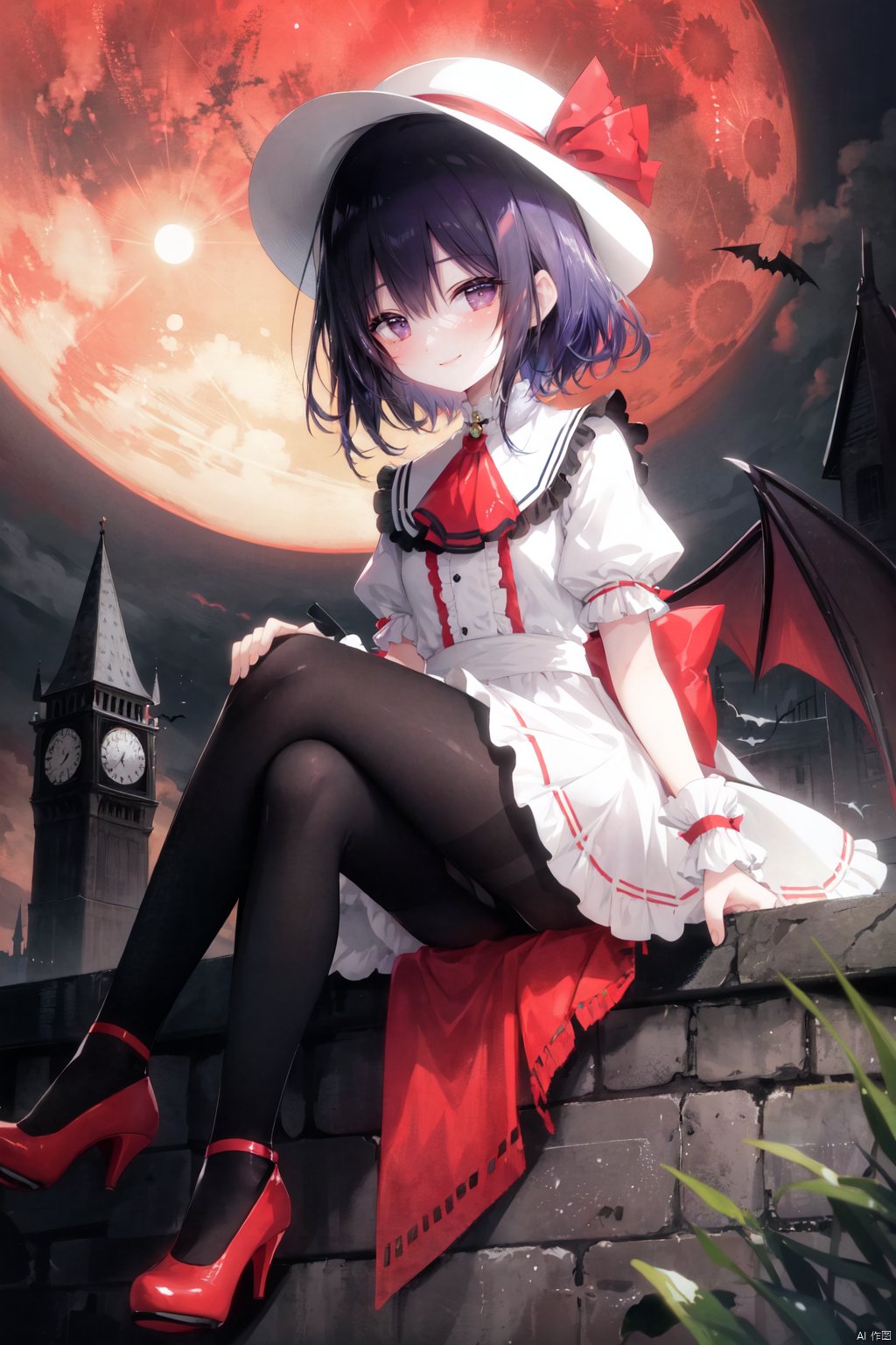 1girl, solo, wings, remilia scarlet, red eyes, hat, mob cap, moon, bat wings, bat \(animal\), crossed legs, high heels, looking at viewer, red footwear, short sleeves, short hair, puffy sleeves, ribbon, dress, blue hair, wrist cuffs, pantyhose, puffy short sleeves, hat ribbon, red ribbon, black pantyhose, sitting, ascot, frills, full moon, red bow, red moon, open mouth, bow, night, smile, fang, scarlet devil mansion, frilled shirt collar, full body, frilled sleeves, sky, purple hair, outdoors, red ascot, hair between eyes, clock tower, white dress, bangs,
