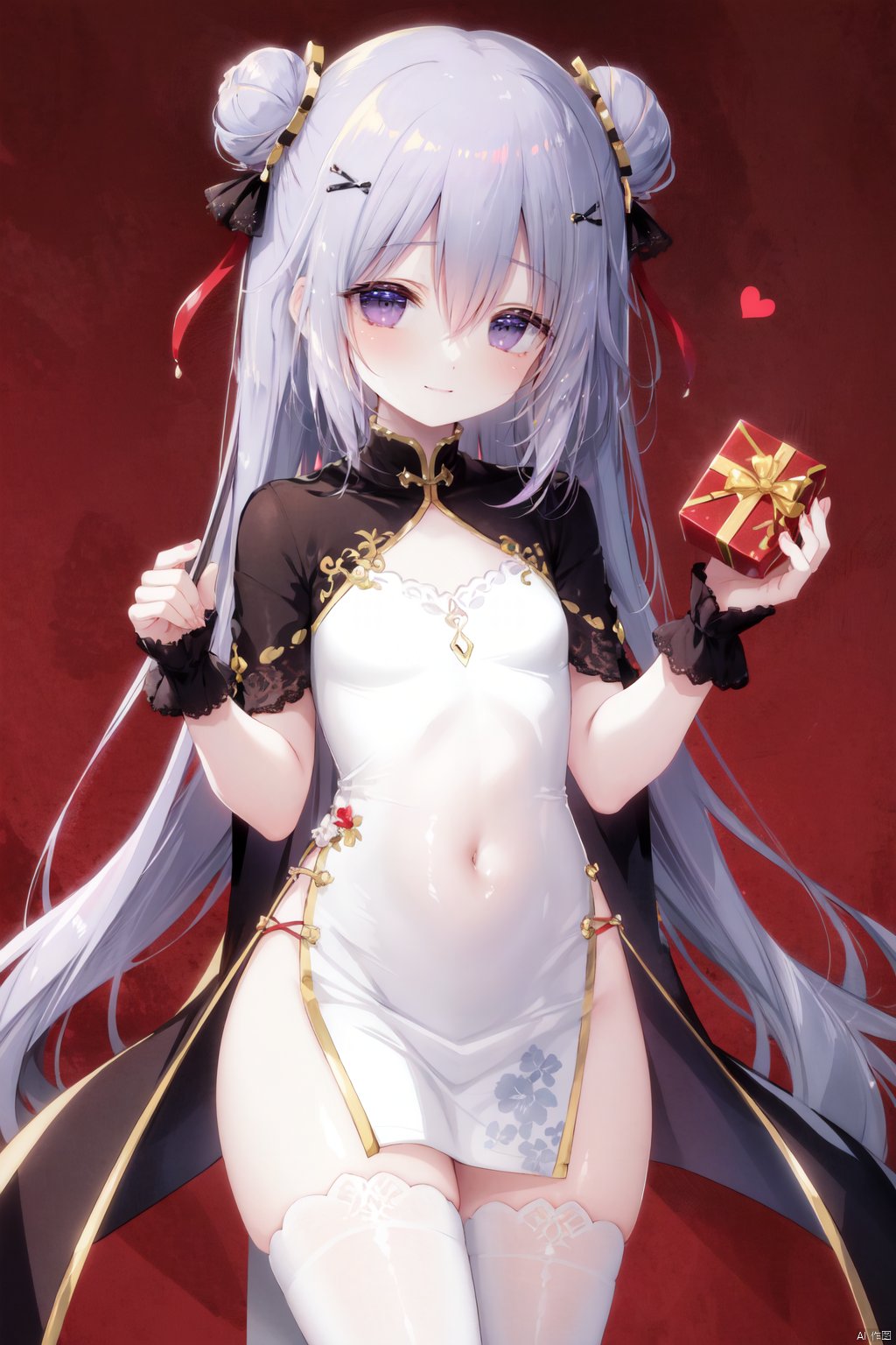 unicorn \(azur lane\), 1girl, solo, dress, hair bun, bun cover, purple hair, long hair, thighhighs, white dress, holding, purple eyes, white thighhighs, wrist cuffs, china dress, short sleeves, blush, chinese clothes, gift, pelvic curtain, black ribbon, holding gift, double bun, ahoge, box, simple background, heart, very long hair, covered navel, parted lips, looking at viewer, bangs, ribbon, red background, gift box, hair between eyes, :o, dated, hair ornament
