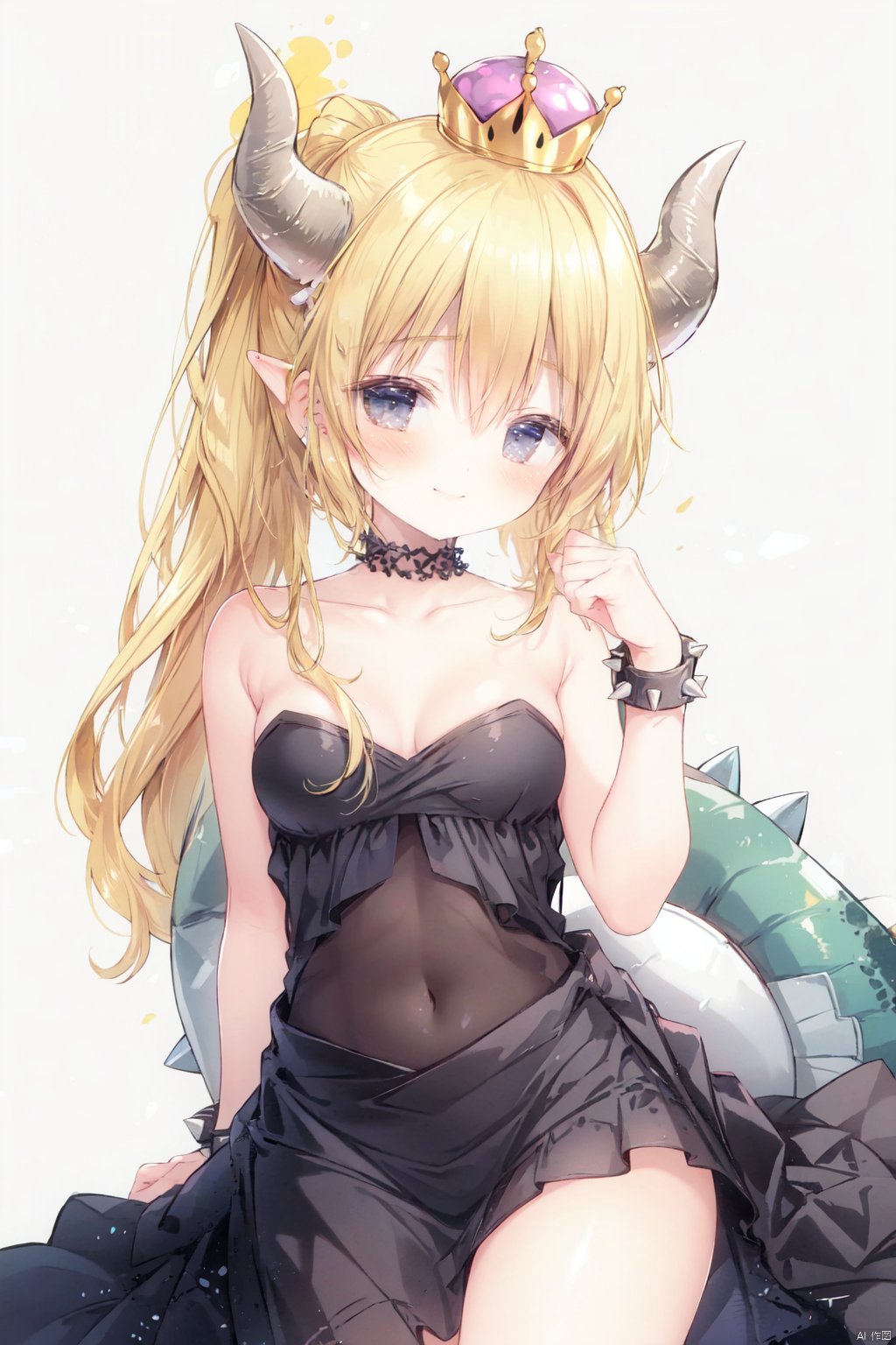 1girl, super crown, bowsette, spiked bracelet, solo, crown, spiked collar, spikes, blonde hair, horns, fingernails, strapless, dress, jewelry, hair between eyes, bare shoulders, covered navel, pointy ears, blush, fang, ponytail, collar, blue eyes, breasts, grey background, nail polish, black dress, strapless dress, bangs, small breasts, bracelet, fire, earrings, mini crown, simple background, claw pose, spiked shell, looking at viewer, open mouth, collarbone, long hair, aged down, sidelocks, arm up, turtle shell, :o, high ponytail, blue nails, chestnut mouth, white background, breathing fire