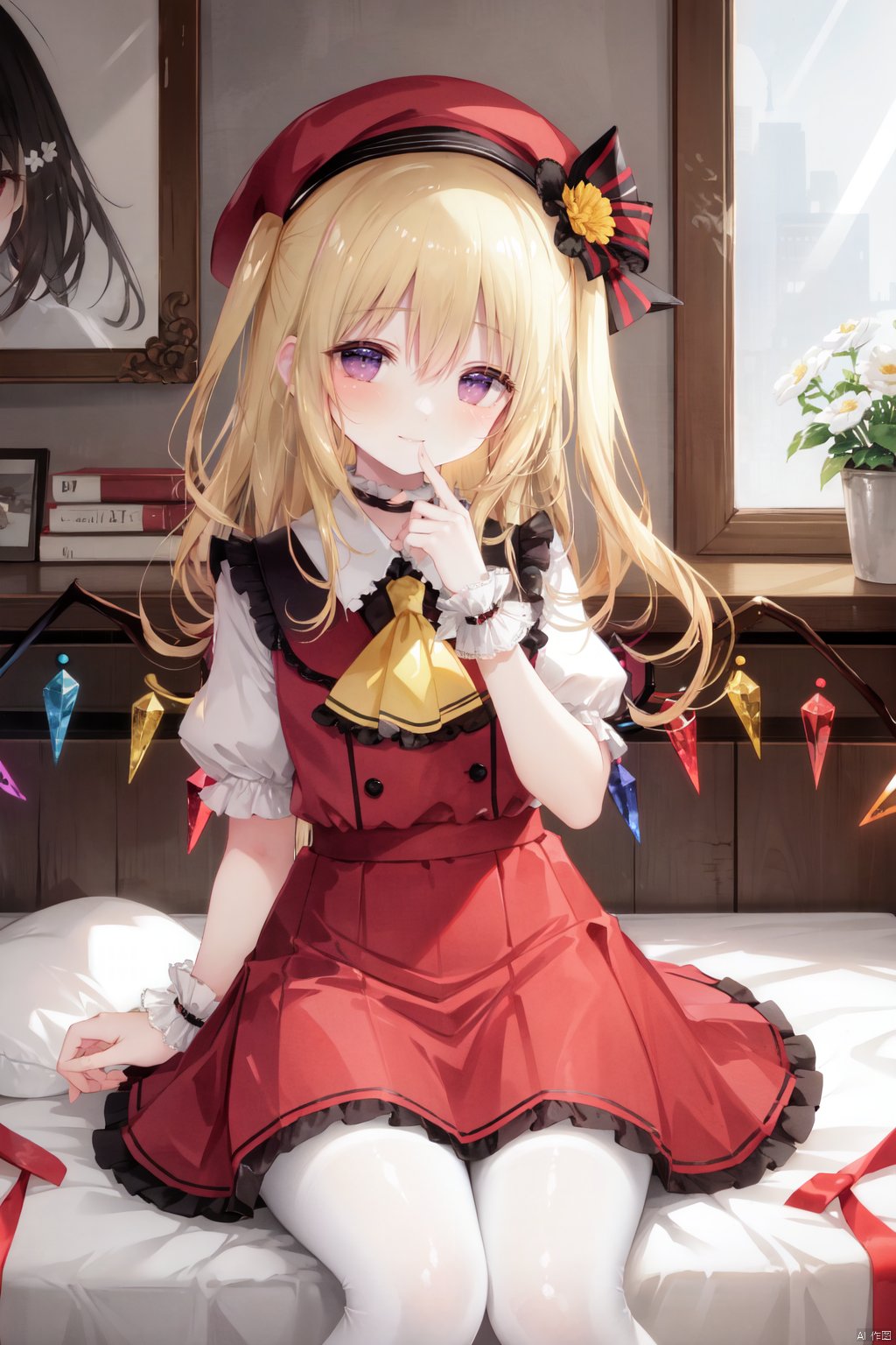 1girl, flandre scarlet, solo, red skirt, red vest, blonde hair, hat, mob cap, red eyes, vest, yellow ascot, wings, skirt, ascot, frills, short sleeves, frilled shirt collar, teddy bear, wrist cuffs, stuffed toy, puffy short sleeves, stuffed animal, looking at viewer, puffy sleeves, white headwear, sitting, crystal, shirt, one side up, finger to mouth, white shirt, pantyhose, bow, white pantyhose, indoors, smile, skirt set, bangs, red ribbon, frilled skirt, flower, on bed, red bow, bed, hat ribbon, long hair, ribbon, petticoat, white flower, blurry, hand up