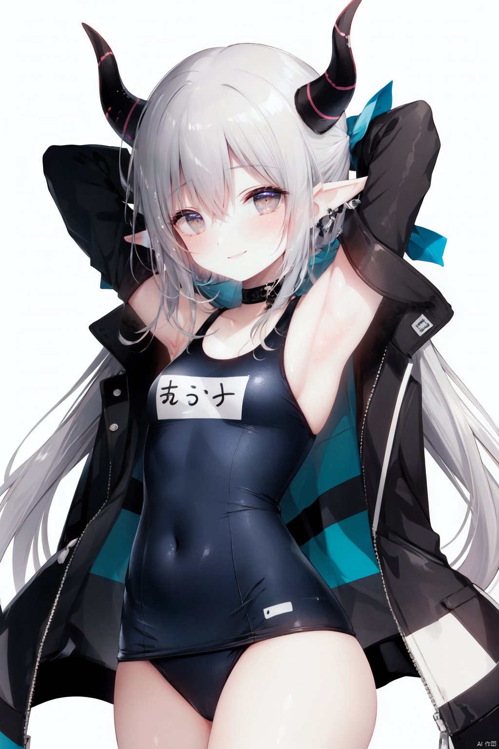 solo, 1girl, virtual youtuber, elbow gloves, gloves, old school swimsuit, swimsuit, horns, hair between eyes, school swimsuit, blush, smile, one-piece swimsuit, long hair, white gloves, open mouth, pointy ears, striped, arms up, looking at viewer, bangs, :d, armpits, grey hair, white background, simple background, covered navel, fang, name tag, green eyes, very long hair, demon horns, bound wrists, bound, jacket on shoulders