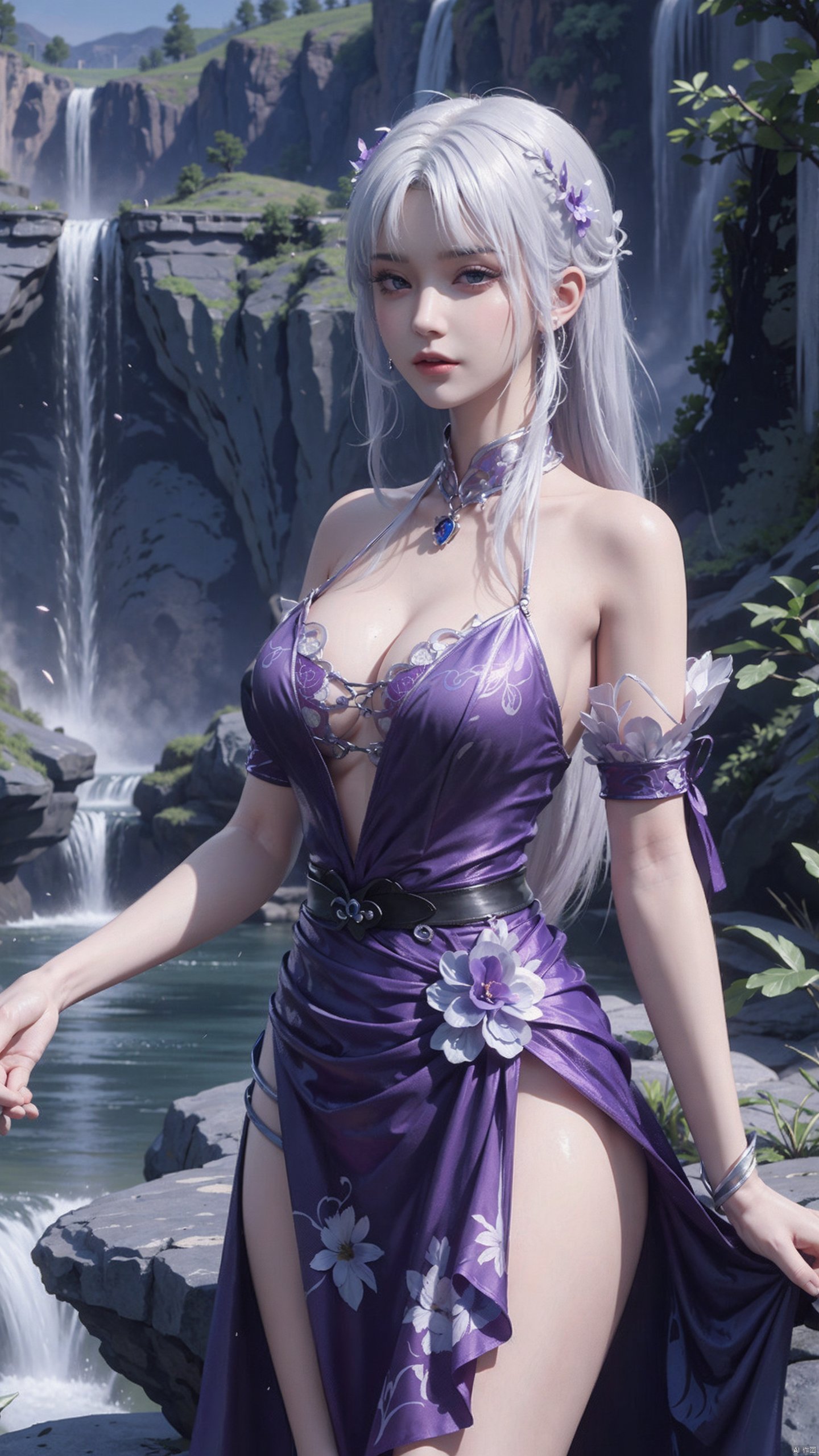 (8k,  best quality,  masterpiece_1.2), (large breasts_1.2),  1 girl, waterfall, flowers, purple dress,  white hair,<lora:EMS-61319-EMS:0.600000>