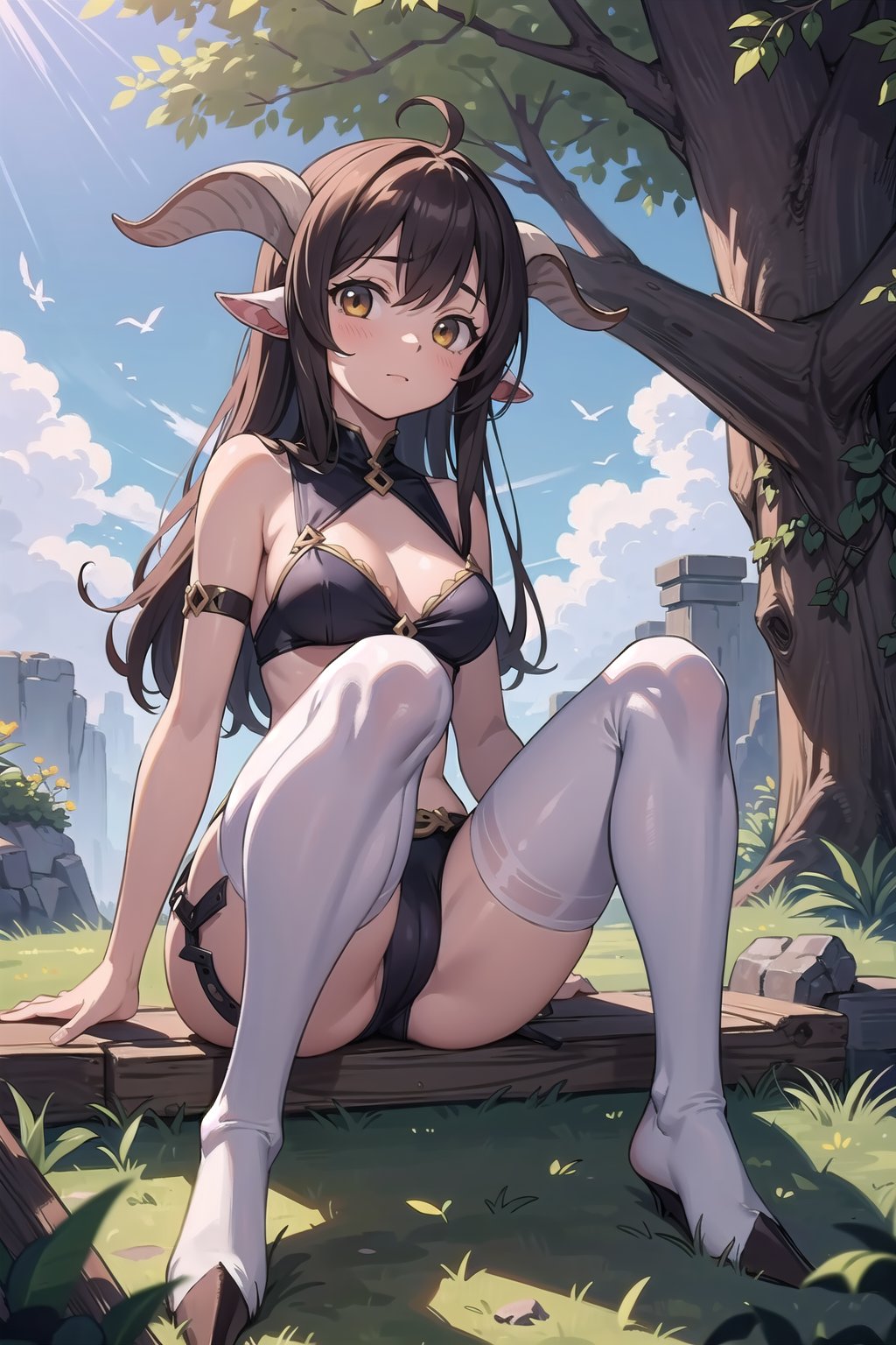 (masterpiece),  (fantasy:1.2),  outdoors,  dappled sunlight,  1girl,  (satyr,  goat girl,  goat legs,  goat ears,  goat horns:1.2),  looking at viewer,  medium breasts