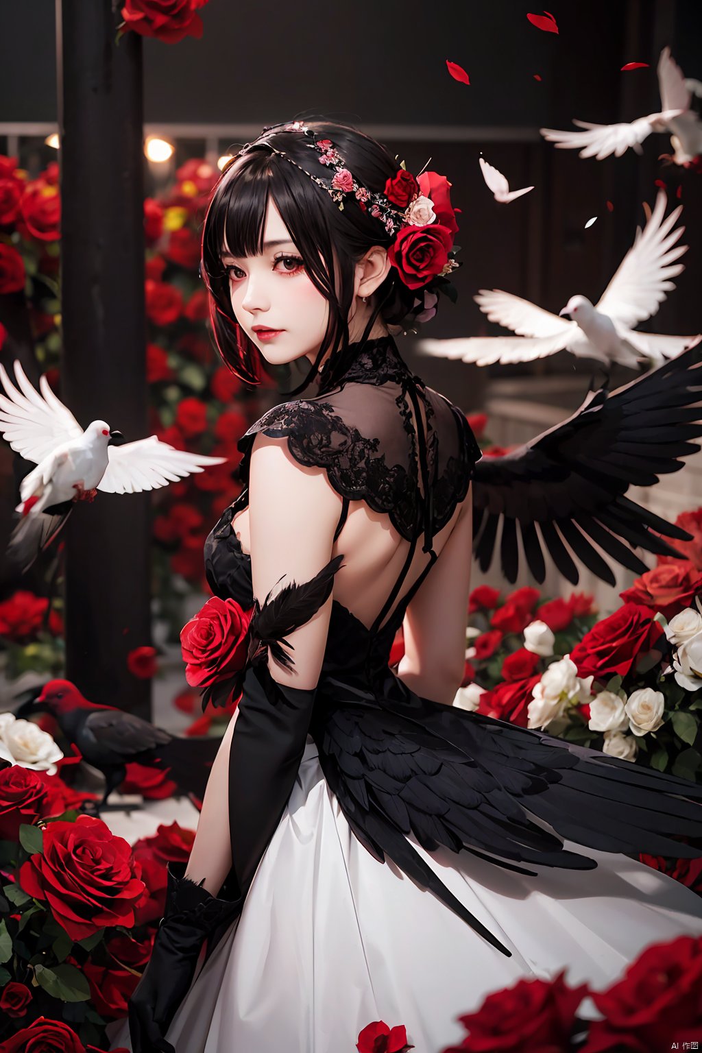 rose, feathers, bird, red_rose, flower, black_feathers, crow, blurry, 1girl, depth_of_field, red_flower, dove, solo, pink_rose, blurry_foreground, black_hair, dress