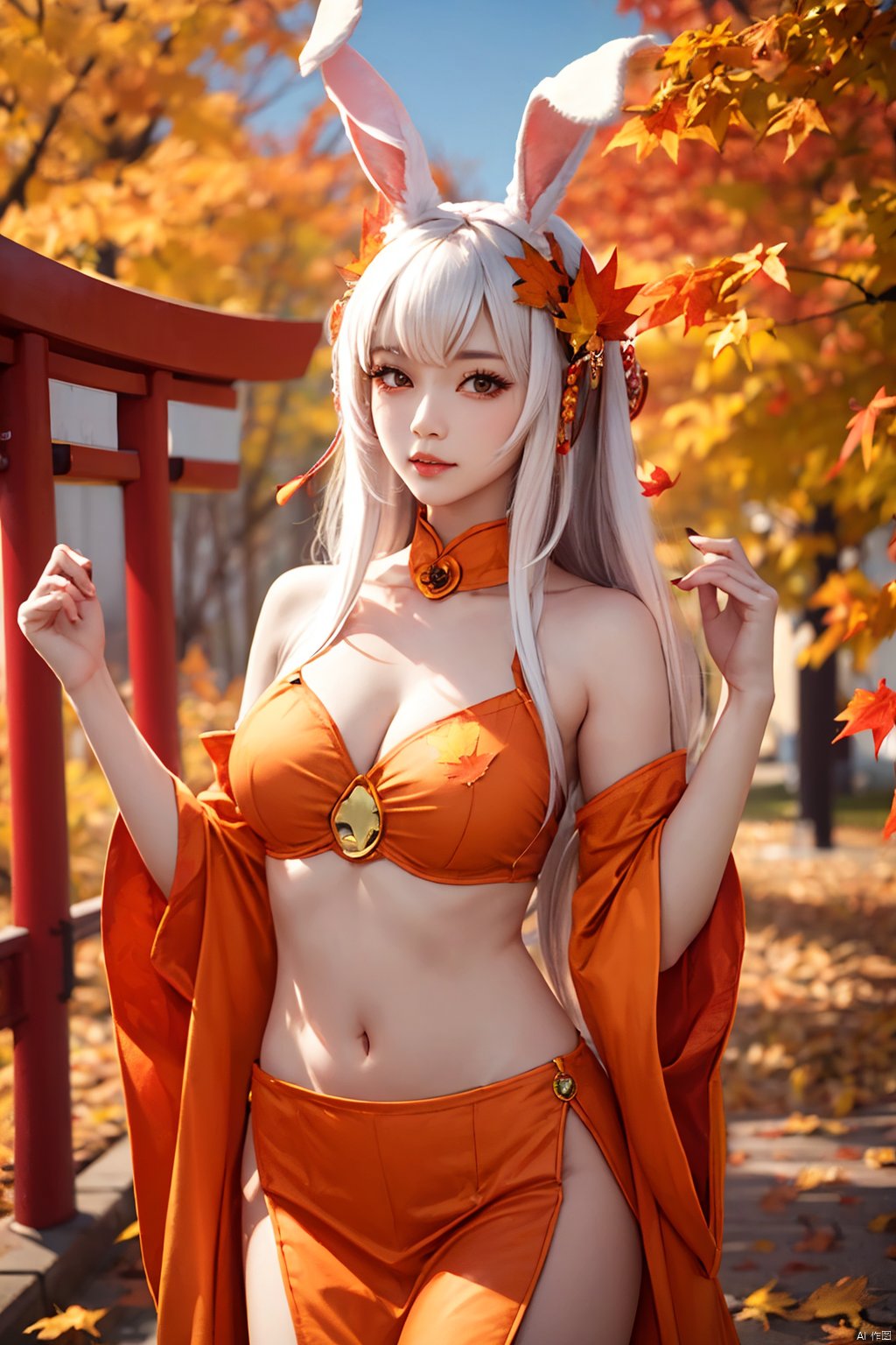  autumn_leaves, rabbit_ears, animal_ears, autumn, leaf, 1girl, solo, navel, maple_leaf, tree, viera, wide_sleeves, breasts, torii, hair_ornament, lips