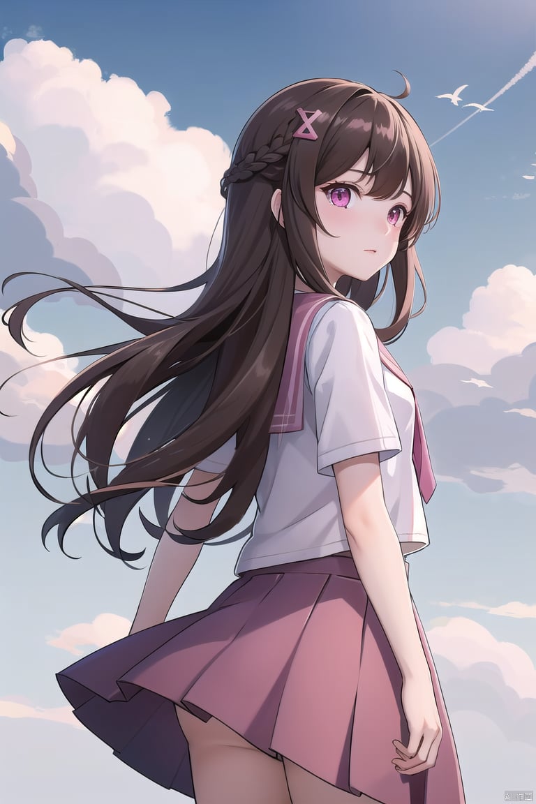 xiaohua,  1girl,  solo,  brown hair,  pink eyes,  cloud,  sky,  looking at viewer,  hair ornament, full_body, school skirt,<lora:EMS-251184-EMS:1.000000>