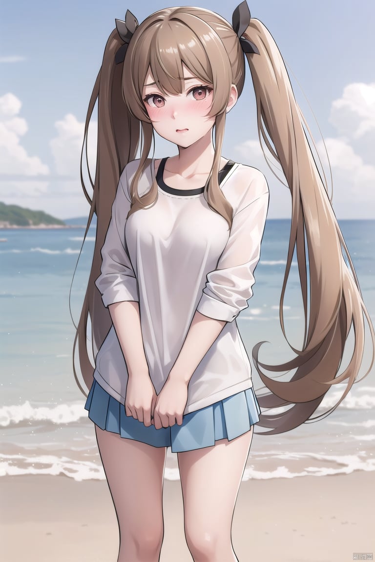 xiaohua,  1girl,  solo,  long hair, twintails,  looking at viewer,  brown eyes, blonde hair,  lips,  realistic,  full body, Standing, nose blush,  light blush,  collarbone,  sea, sky, JK style,<lora:EMS-251184-EMS:1.000000>