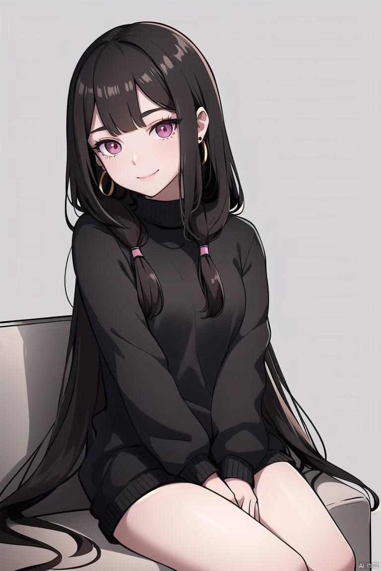 xiaohua,  1girl,  solo,  long hair,  earrings,  jewelry,  sitting,  sweater,  looking at viewer,  head tilt,  couch,  hand between legs,  very long hair,  lips,  wavy hair,  between legs,  brown hair,  watermark,  black hair,  closed mouth,  smile,  pink eyes,  grey background,  black eyes,  eyelashes,<lora:EMS-251184-EMS:1.000000>