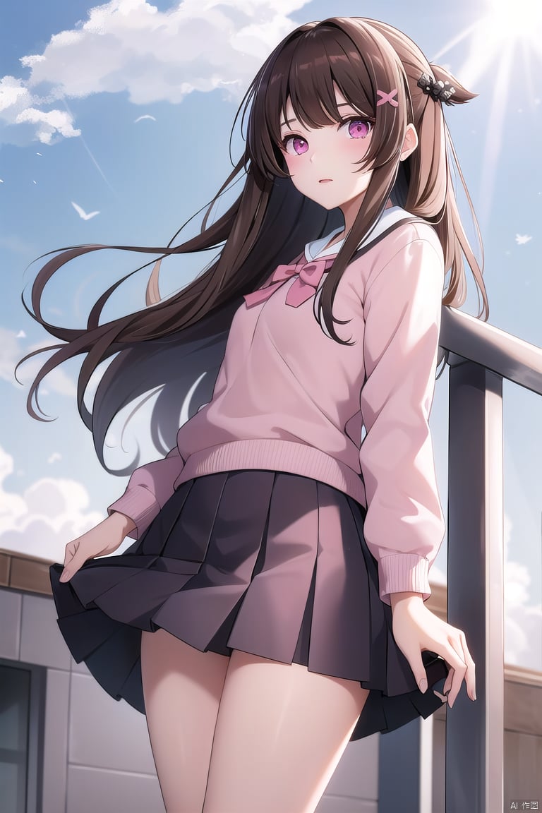 xiaohua,  1girl,  solo,  brown hair,  pink eyes,  cloud,  sky,  looking at viewer,  hair ornament, full_body, school skirt,<lora:EMS-251184-EMS:1.000000>