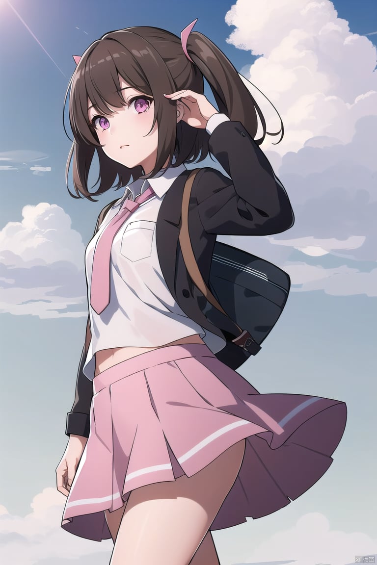 xiaohua,  1girl,  solo,  brown hair,  pink eyes,  cloud,  sky,  looking at viewer,  hair ornament, full_body, school skirt,<lora:EMS-251184-EMS:1.000000>