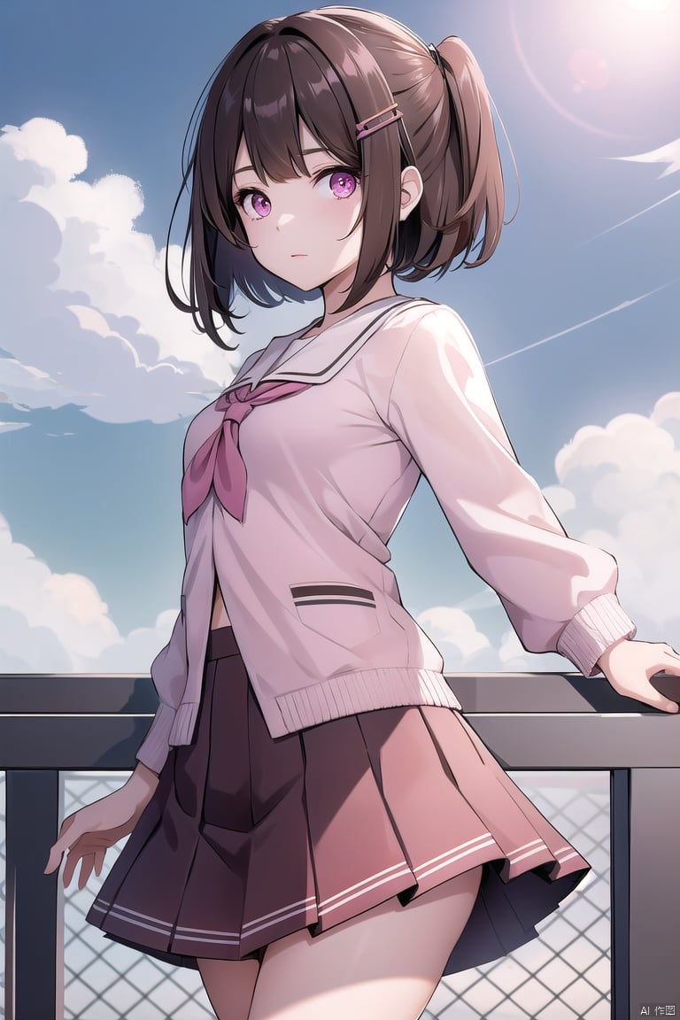 xiaohua,  1girl,  solo,  brown hair,  pink eyes,  cloud,  sky,  looking at viewer,  hair ornament, full_body, school skirt,<lora:EMS-251184-EMS:1.000000>