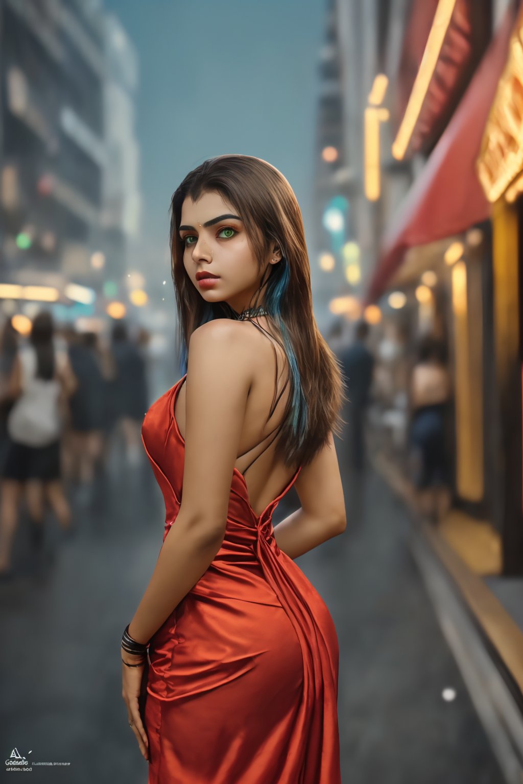 Beautiful girl in a  cyberpunk city, cinematic colour grading, traditional dress, (((blade runner 2077, futuristic, bioluminous, neon light)), amazingly beautiful, long brown hair, fair skin, side pose, looking at viewer, on a Paris street, cafe in background, sexy ((red dress)), bare shoulders, big breasts, masterpiece, best quality, face focus, fashion photography, yellow, blue, photorealistic, highly detailed, (symmetrical green eyes),realistic,1 girl,Mallu 18 old babe,perfect,,Mallu