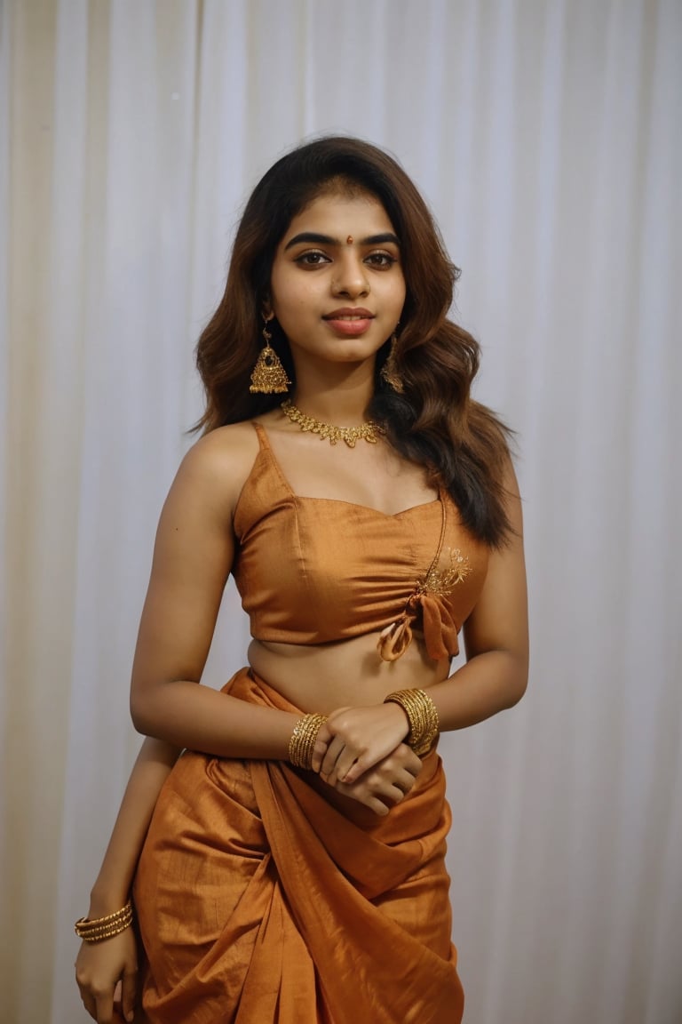 20 year old indian woman,  thick waist, long curly brown hair, gold jewels, front view, movie scene, cinematic, high-quality, ultra-detailed, professionally color graded, professional photography.  ( hard light:1.2), (volumetric:1.2), well-lit, double exposure, award-winning photograph, dramatic lighting, dramatic shadows, illumination, long shot, wide shot, full body, at studio, smart watch on left hand, happy_face, Fast shutter speed, 1/1000 sec shutter, golden_jewelry, embroidered traditional indian dress, , salwar, red cloth, sleeveless,18 year old girl,Paru