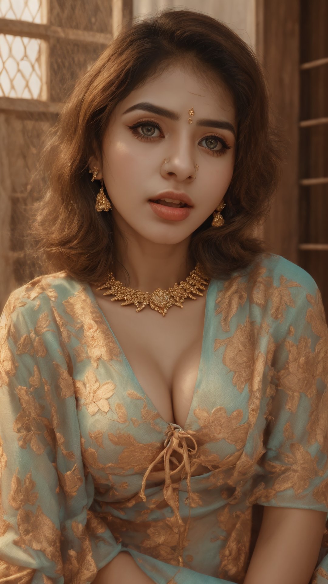 (best quality, highres, ultra-detailed:1.2), vrealistic Raw photo, perfect boobs, realistic lighting,  exotic beauty, mesmerizing eyes, elegant jewelry, intricate model dress, design, traditional attire,Paru,1 girl