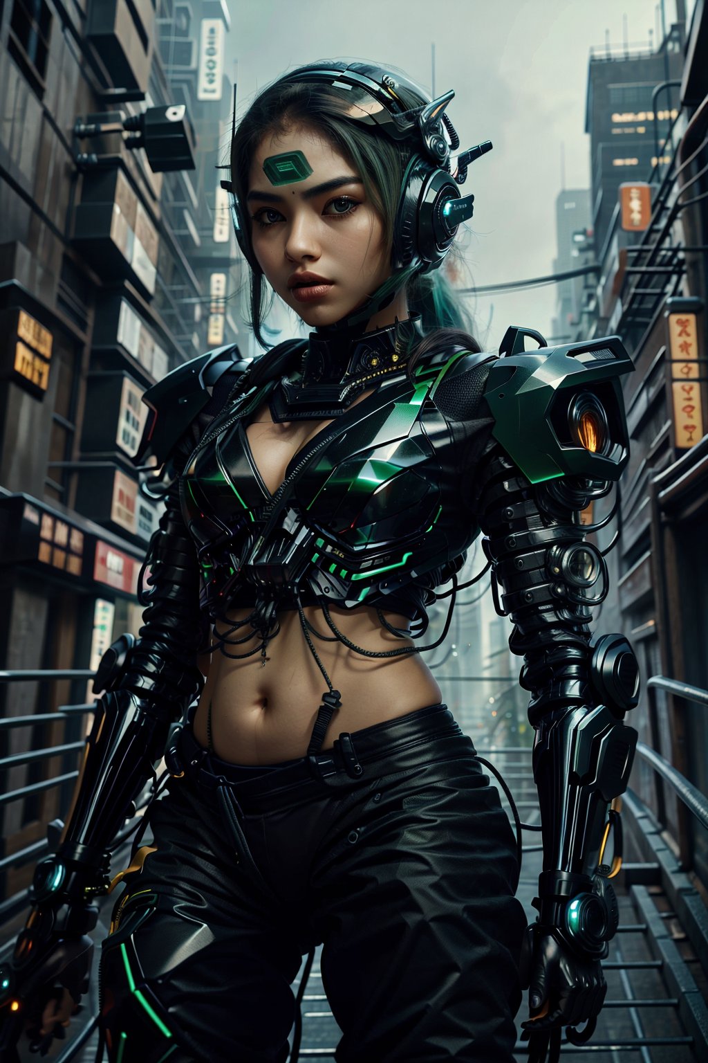 Kawasaki Ninja, Highest image quality, outstanding details, ultra-high resolution, (realism: 1.4), the best illustration, favor details, highly condensed 1girl, with a delicate and beautiful face, dressed in a black and green mecha, wearing a mecha helmet, holding a directional controller, riding on a motorcycle, the background is a high-tech lighting scene of the future city. surreal illustration, surreal rendering, clean digital rendering, photo realistic rendering, surreal illustration,Paru,CyberpunkWorld,REALISTIC