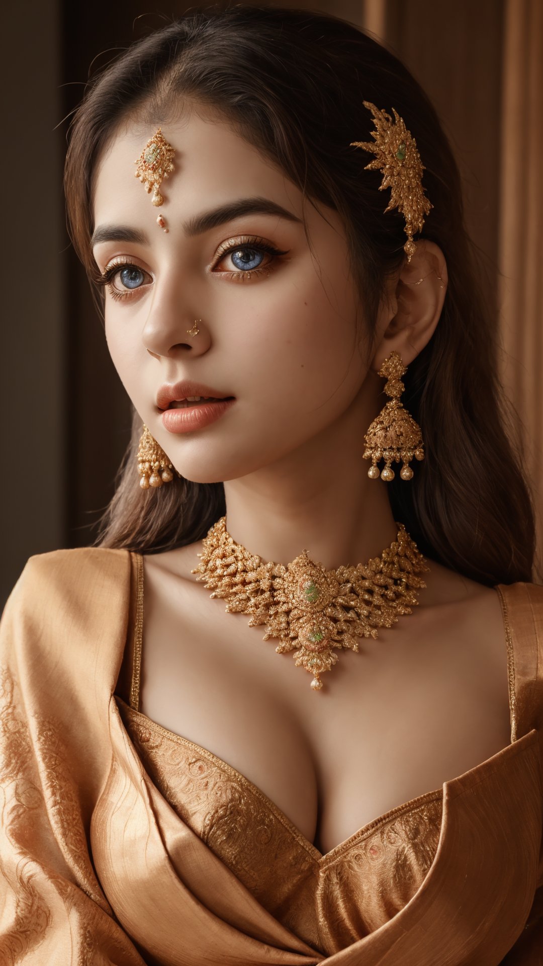 (best quality, highres, ultra-detailed:1.2), vrealistic Raw photo, perfect boobs, realistic lighting,  exotic beauty, mesmerizing eyes, elegant jewelry, intricate model dress, design, traditional attire,Paru,1 girl