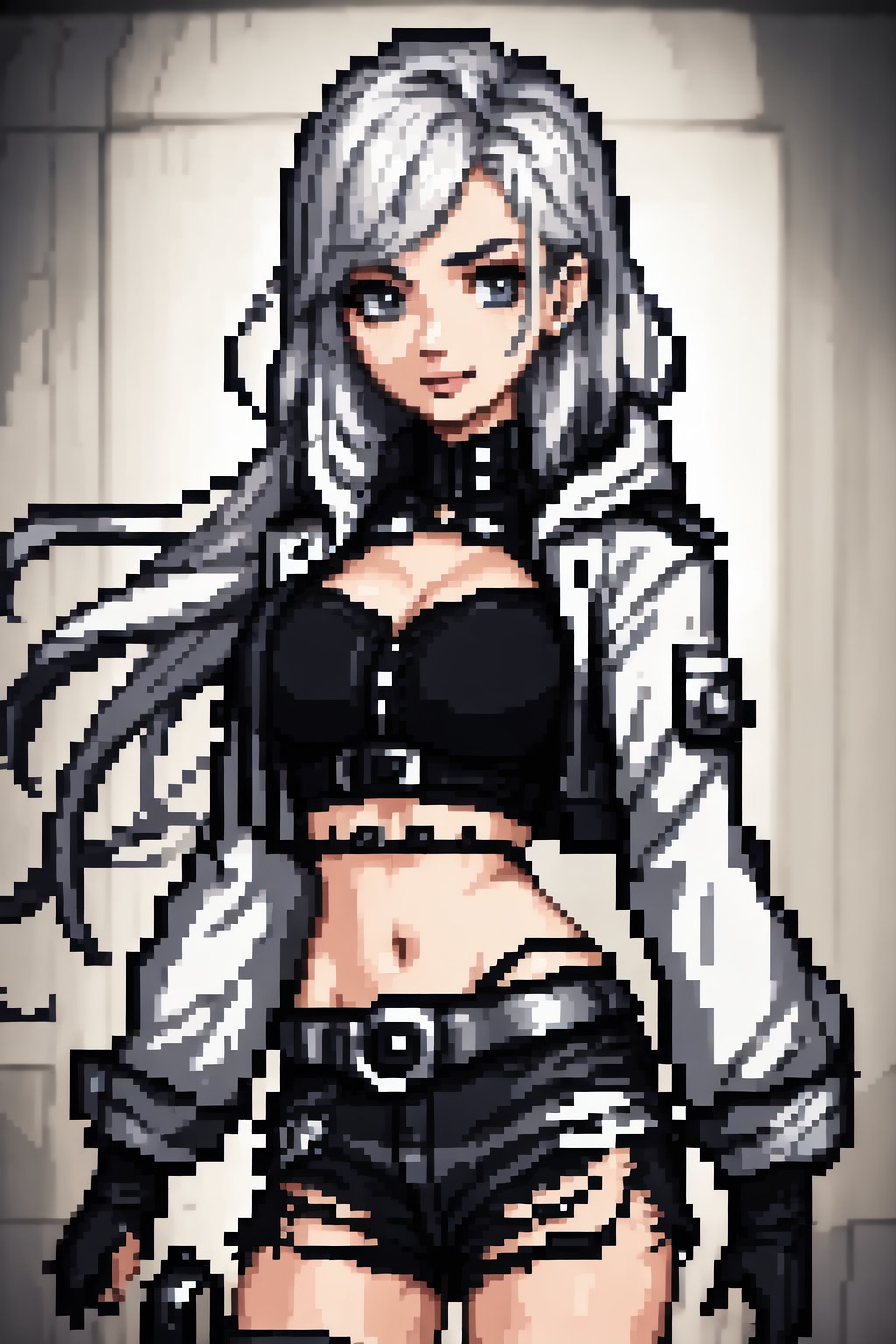 a potrait of gorgeous char7 babe posing 😘✌️, hooded ,1024 bits,  Pixel art, ultrarealistic detailed , uhd,hdr, octane render , complex background , midriff ,camisoles, gloves, shorts