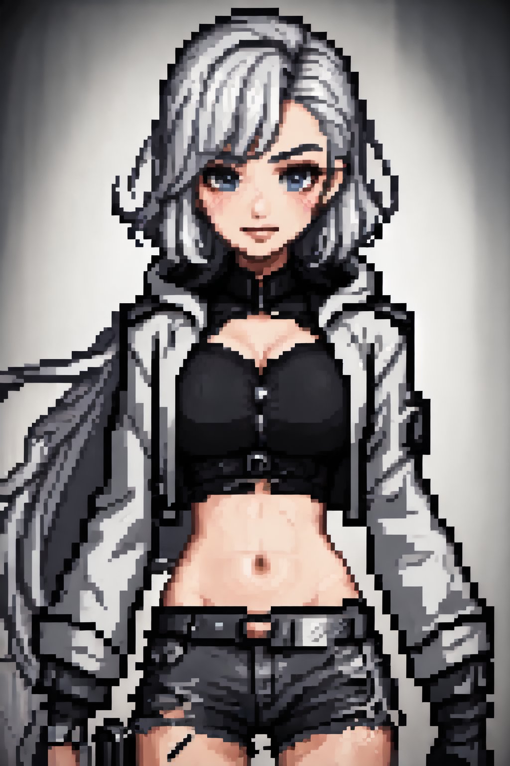 a potrait of gorgeous char7 babe posing 😘✌️, hooded ,64bits,  Pixel art, 1024bits ultrarealistic detailed , uhd,hdr, octane render , complex background , midriff ,camisoles, gloves, shorts