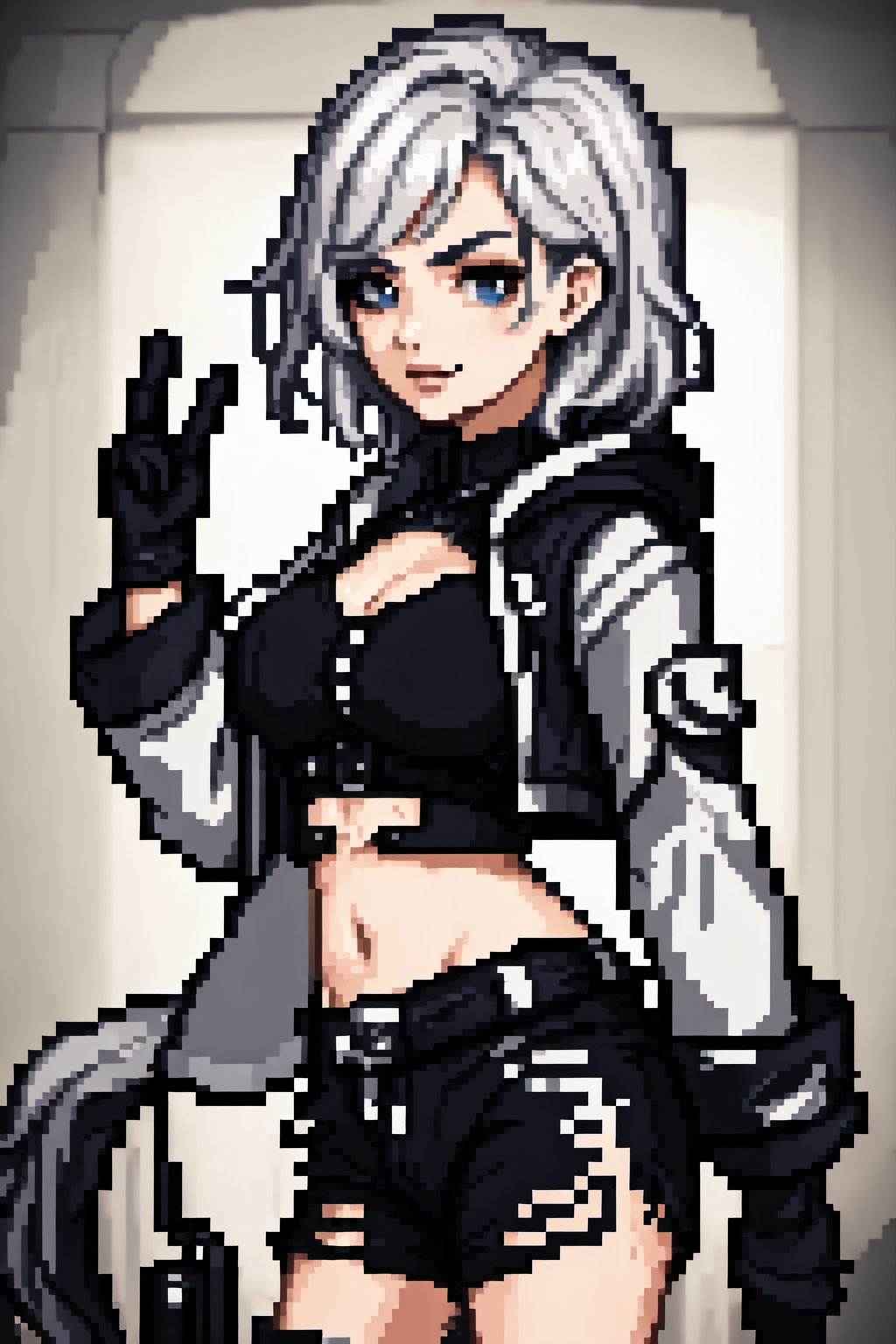 a potrait of gorgeous char7 babe posing 😘✌️, hooded ,18 bits,  Pixel art, ultrarealistic detailed , uhd,hdr, octane render , complex background , midriff ,camisoles, gloves, shorts