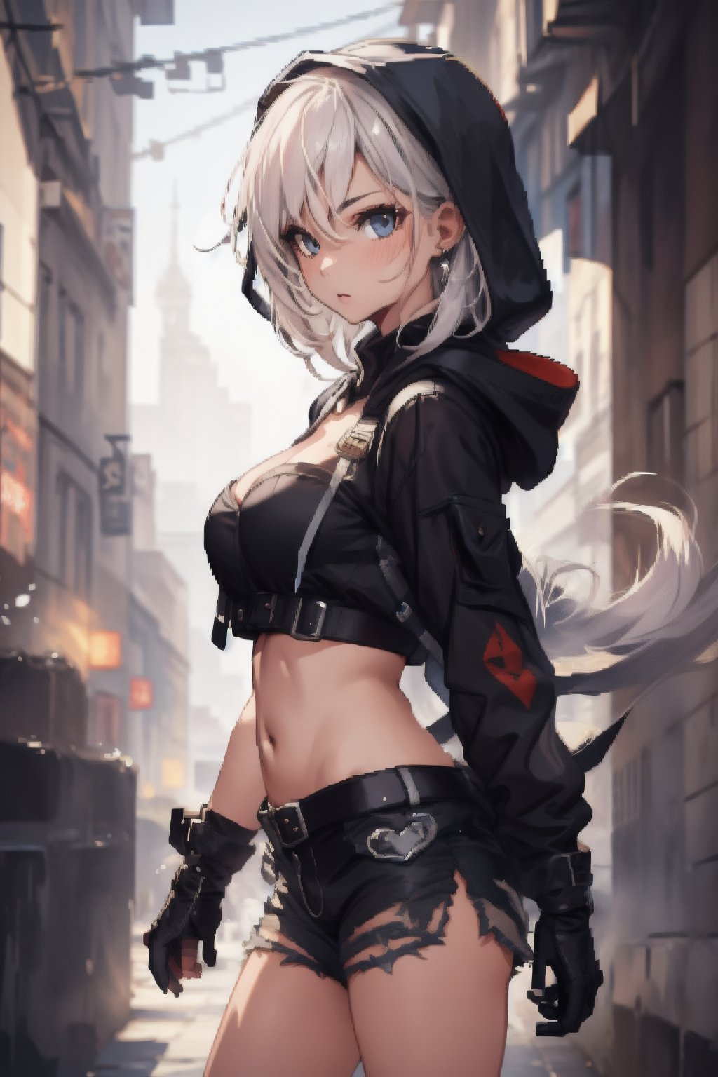 pixel art of a potrait of gorgeous char7 babe posing , hooded ,4096 bits Pixel art , complex background , midriff ,camisoles, gloves, shorts