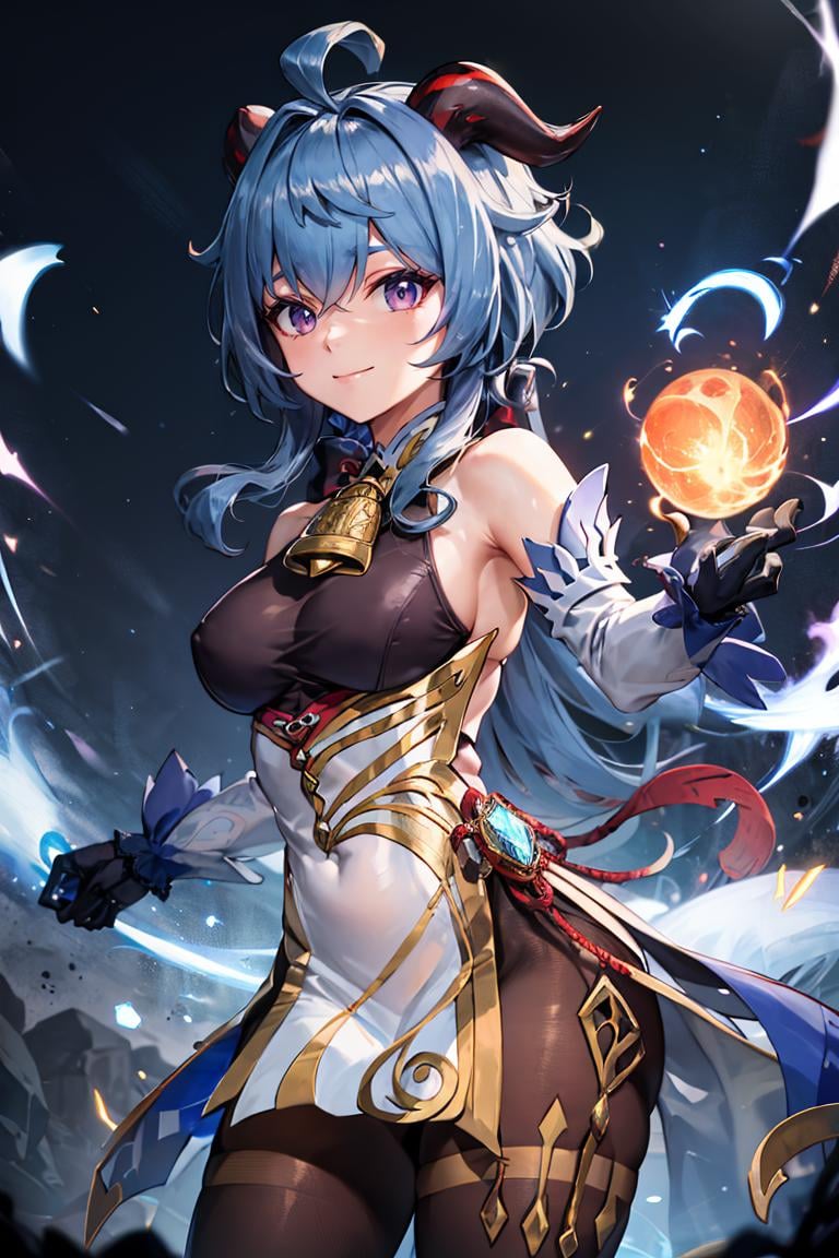 <lora:Aura_v1:0.6>, Aura, energy, glowing,swirling energy, dynamic pose, ((masterpiece,best quality)), absurdres, <lora:ganyu_v1:0.7>, aaganyu, long hair, low ponytail, ahoge, horns, bare shoulders, neck bell, bodystocking, white dress, gold trim, flower knot, detached sleeves, black gloves, pelvic curtain, thighlet, pantyhose, cowboy shot,  smile,