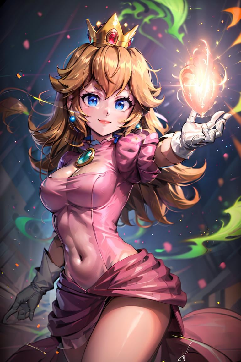 <lora:Aura_v1:0.6>, Aura, energy, glowing,swirling energy, dynamic pose, ((masterpiece,best quality)), absurdres, <lora:Princess_Peach_Nintendo:0.8>, Princess_Peach,  (pink dress), blonde hair, blue eyes, long hair, crown, gem, gloves, puffy sleeves, short sleeves, white gloves, solo, smiling, looking at viewer, cowboy shot,     