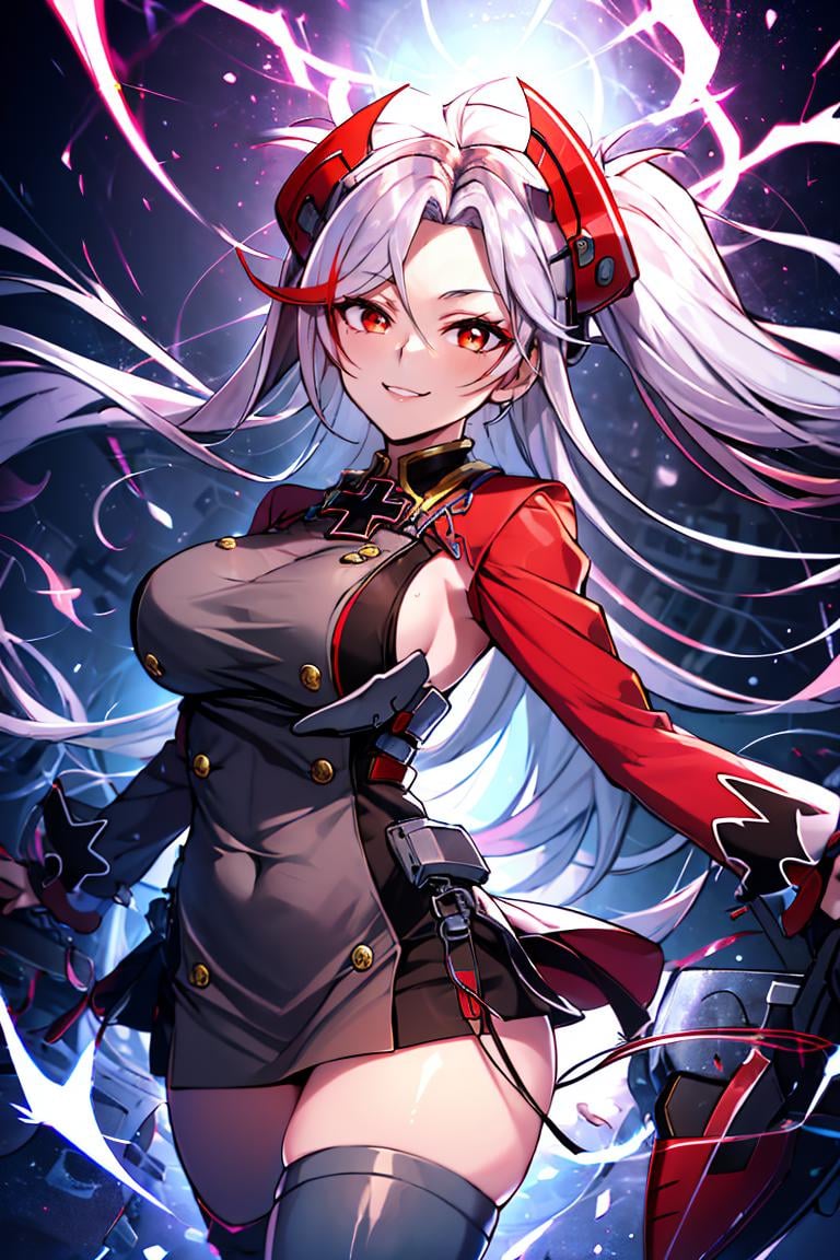 <lora:Aura_v1:0.6>, Aura, energy, glowing,swirling energy, dynamic pose, ((masterpiece,best quality)), absurdres, <lora:Prinz_Eugen_Azur_Lane:0.8>, Prinz_Eugen_Azur_Lane,thighhighs, , solo, smiling, looking at viewer, cowboy shot, 