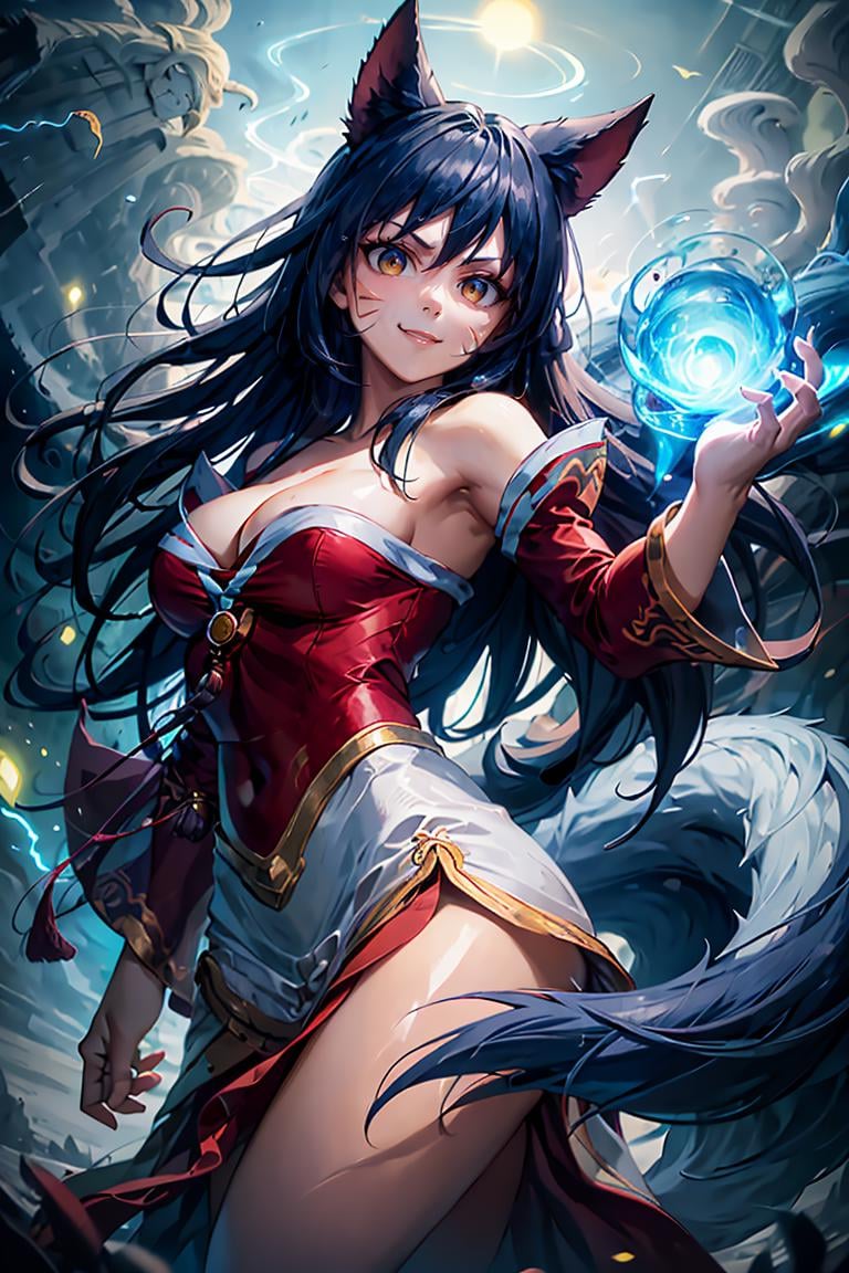 <lora:Aura_v1:0.6>, Aura, energy, glowing,swirling energy, dynamic pose, ((masterpiece,best quality)), absurdres, ah1, facial mark, multiple tails, fox tails, korean clothes, cleavage, bare shoulders, detached sleeves, <lora:ahri_v10:0.7>, outdoors, standing, cowboy shot, smile, 