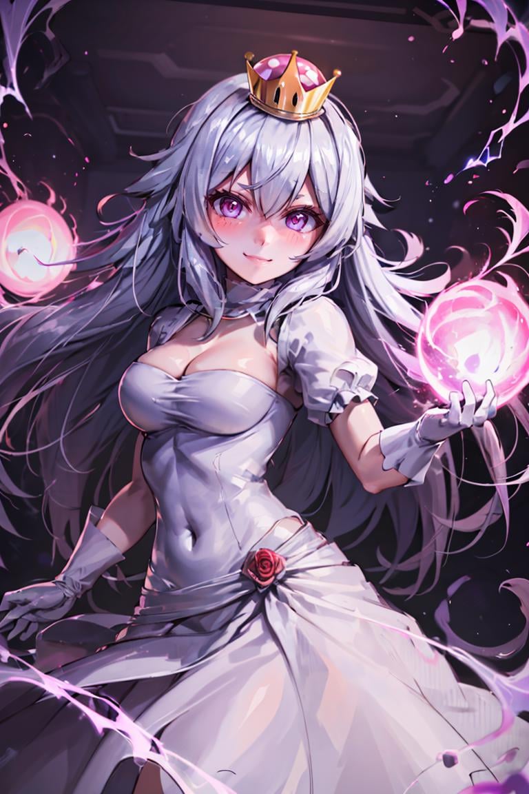 <lora:Aura_v1:0.6>, Aura, energy, glowing,swirling energy, dynamic pose, ((masterpiece,best quality)), absurdres, <lora:Boosette_Mario_Anime:0.9>, Boosette_Mario, 1girl, long hair, white hair, long white dress, ballroom dress, white gloves,  solo, smiling, blushing, looking at viewer, cowboy shot, 