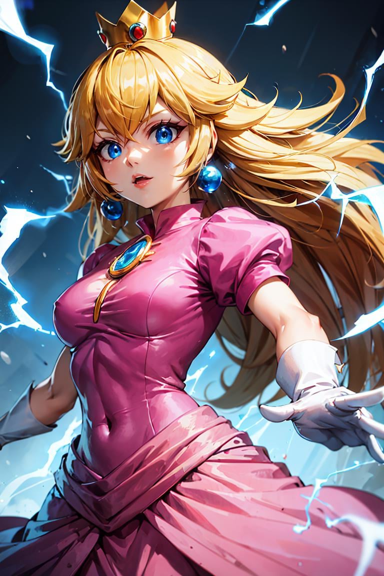 <lora:Aura_v1:0.6>, Aura, energy, glowing,swirling energy, dynamic pose, (masterpiece, best quality), 1girl,    <lora:princesspeach-lora-nochekaiser:1> princess peach, blonde hair, blue eyes, long hair, crown, dress, gem, gloves, pink dress, puffy short sleeves, puffy sleeves, short sleeves, white gloves,