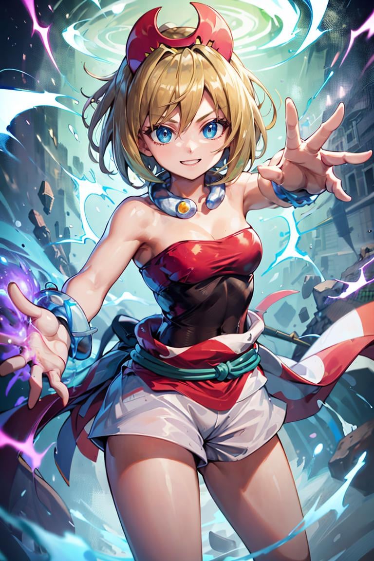 <lora:Aura_v1:0.6>, Aura, energy, glowing,swirling energy, dynamic pose, ((masterpiece,best quality)), absurdres,  <lora:irida_(pokemon)_v1:0.7>, aairida, short hair, red hairband, neck ring, collar, strapless shirt, red shirt, bracelet, sash, waist cape, white shorts, bare legs, solo, smiling, looking at viewer, cowboy shot,  ,