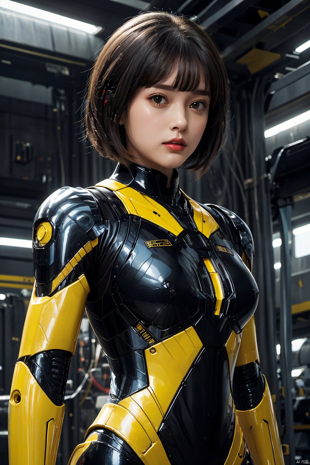  1girl, bangs, black eyes, bodysuit, breasts, brown hair, medium breasts, short hair, solo, upper body, Electroplating paint,yellow