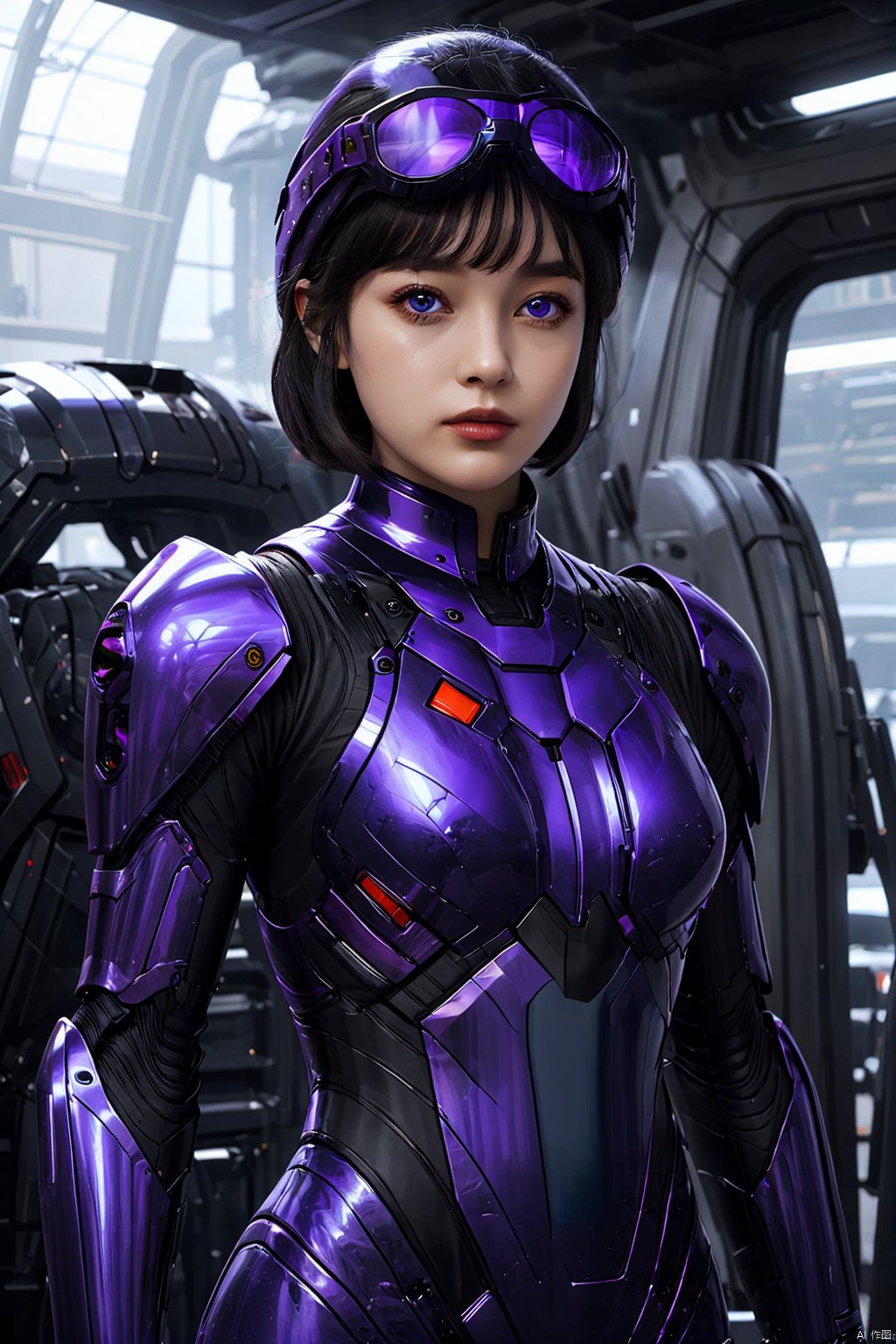 1girl, bangs, black hair, breasts, goggles on head, pilot suit, purple eyes, science fiction, short hair, solo