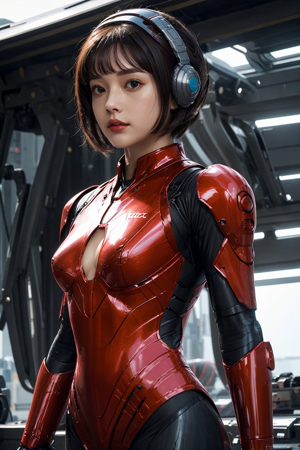  1girl, bangs, black eyes, bodysuit, breasts, brown hair, medium breasts, short hair, solo, upper body, Electroplating paint,red