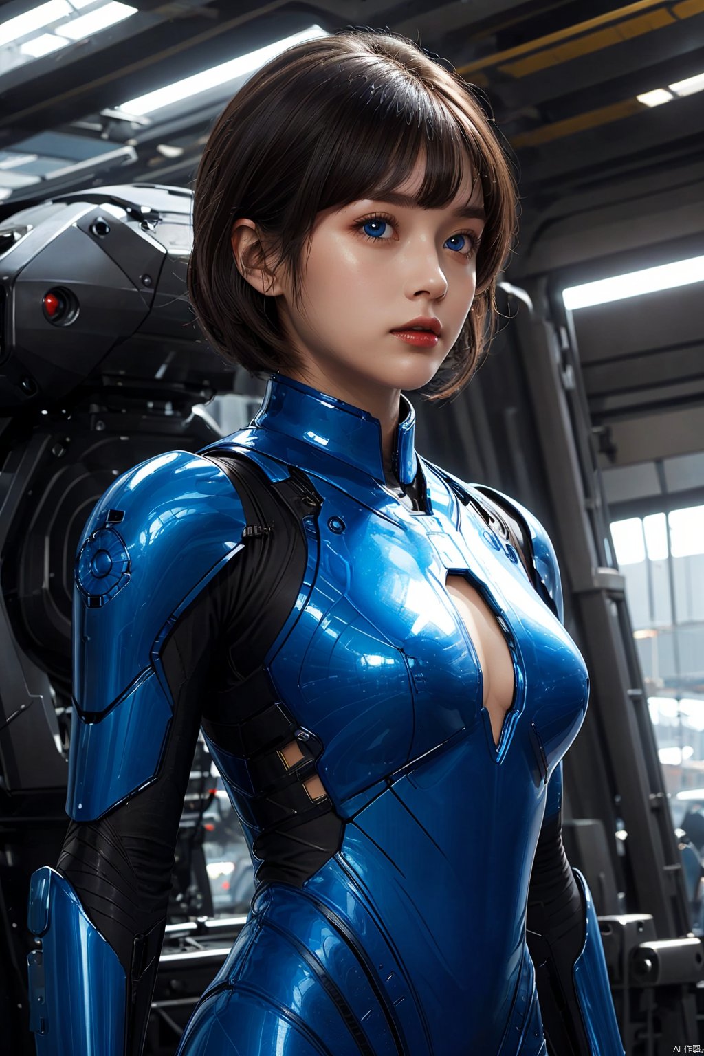  1girl, bangs, blue eyes, bodysuit, breasts, brown hair, medium breasts, short hair, solo, upper body, Electroplating paint