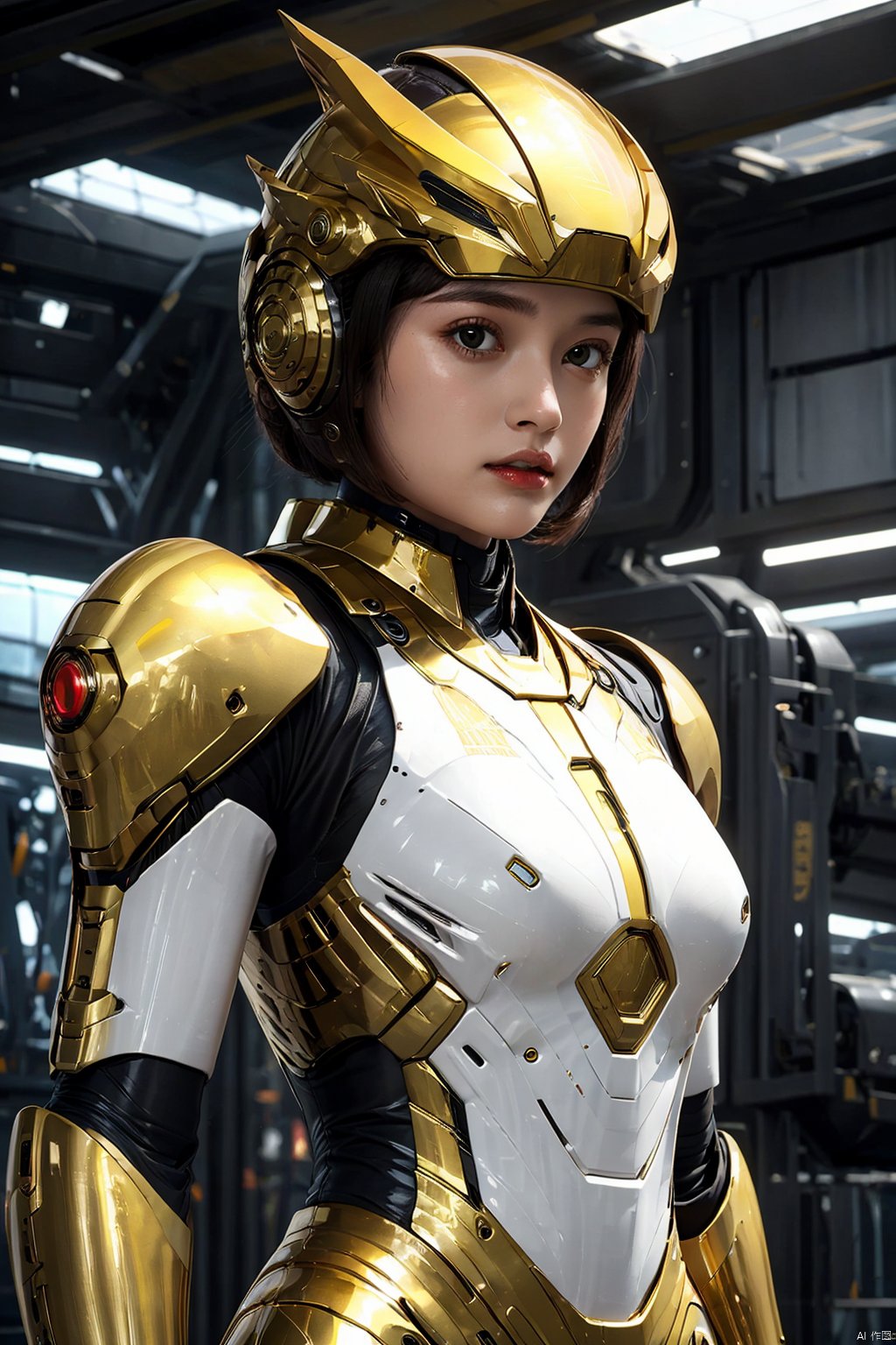 1girl, black hair, breasts, brown eyes, helmet, short hair, solo, upper body, Electroplating paint