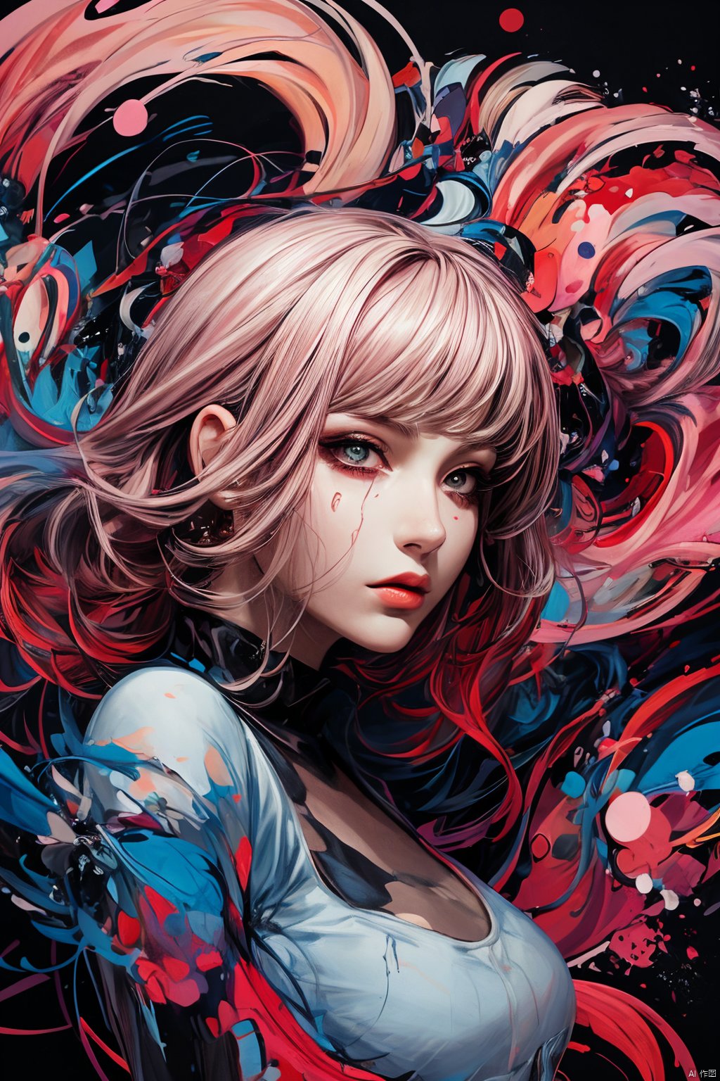  masterpiece, best quality, ultra high res, 1girl, (abstract art:1.4), bleeding color, visually stunning, beautiful, evocative, emotional, side view,colored sclera, brown eyes, ,light pink hair,
