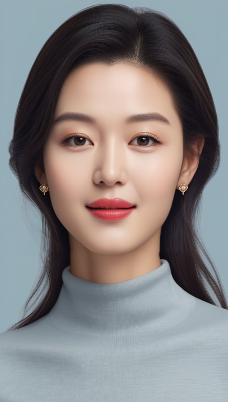 Very (detailed) illustration of a ((best quality)), ((masterpiece)), girl posing in photo studio,23yo, detailed exquisite symmetric face,sharp nose,shiny skin,small face,confident smile, playful smirks, aesthetic,looking at viewer,dishelved long black hair blowing BREAK 
(masterpiece,best quality,ultra-detailed,16K,intricate, HDR,high contrast,realistic:1.2),(full body:1.3),Warm tone,bokeh,earrings,jewelry,rembrandt lighting, jeon_jihyun,greg rutkowski,<lora:659095807385103906:1.0>