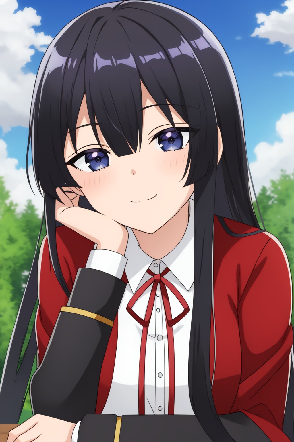 yumiella, 1girl, solo, long_hair, looking_at_viewer, smile, bangs, black_hair, long_sleeves, hair_between_eyes, closed_mouth, school_uniform, white_shirt, sidelocks, outdoors, sky, day, collared_shirt, cloud, black_eyes, red_ribbon, blue_sky, grey_eyes, neck_ribbon, parody, portrait, red_jacket, close-up, hand_on_own_face, head_rest, hand_on_own_cheek, anime_coloring