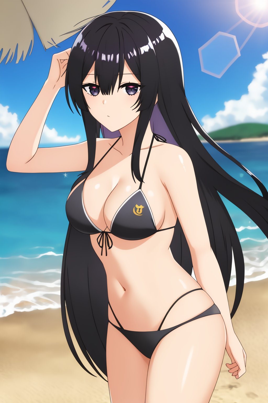 yumiella, 1girl, solo, long_hair, looking_at_viewer, bangs, black_hair, hair_between_eyes, black_eyes, shiny_hair,beach, black_bikini, sand, water, day, lens_flare