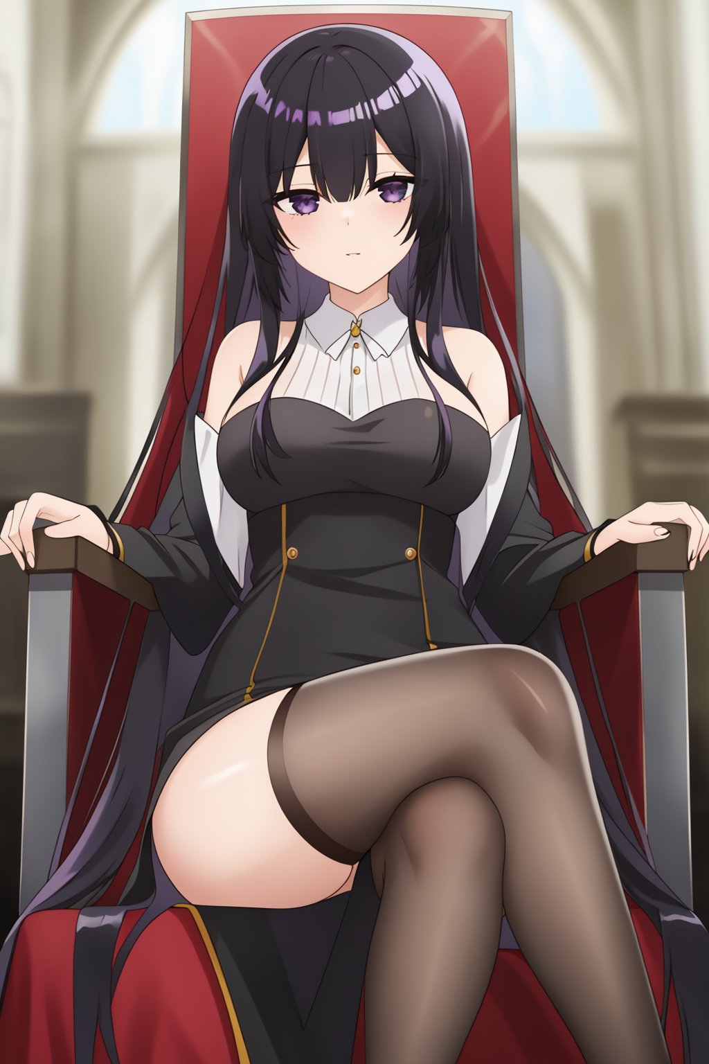 yumiella, 1girl, solo, long_hair, looking_at_viewer, bangs, black_hair, hair_between_eyes, black_eyes, shiny_hair, black_dress, black_stockings, sitting, throne, indoor, crossed_legs, from_below, high_heels