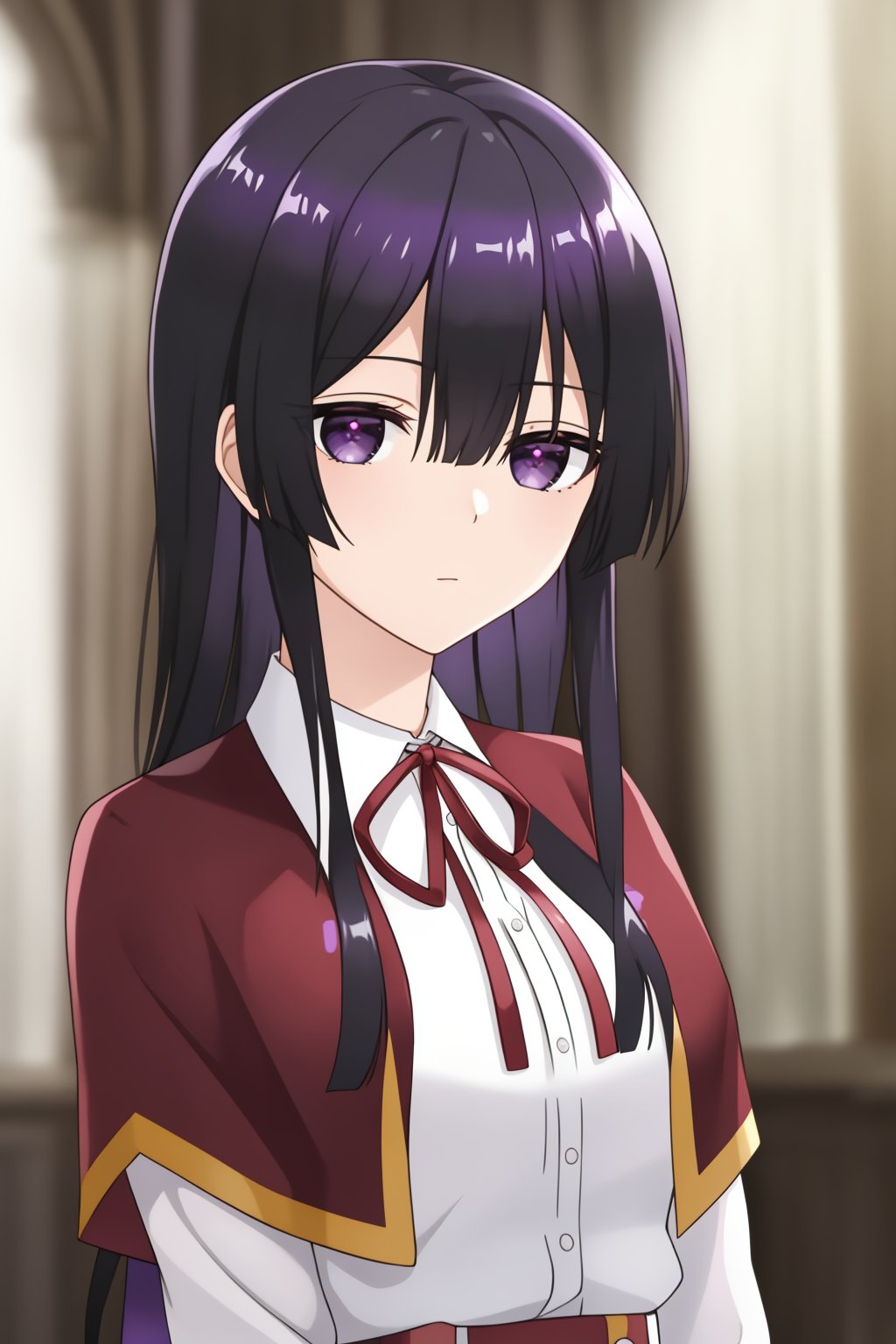 yumiella, 1girl, solo, long_hair, looking_at_viewer, bangs, black_hair, hair_between_eyes, closed_mouth, school_uniform, purple_eyes, white_shirt, upper_body, shiny, collared_shirt, blurry, black_eyes, shiny_hair, red_ribbon, dress_shirt, neck_ribbon, capelet, blurry_background, expressionless