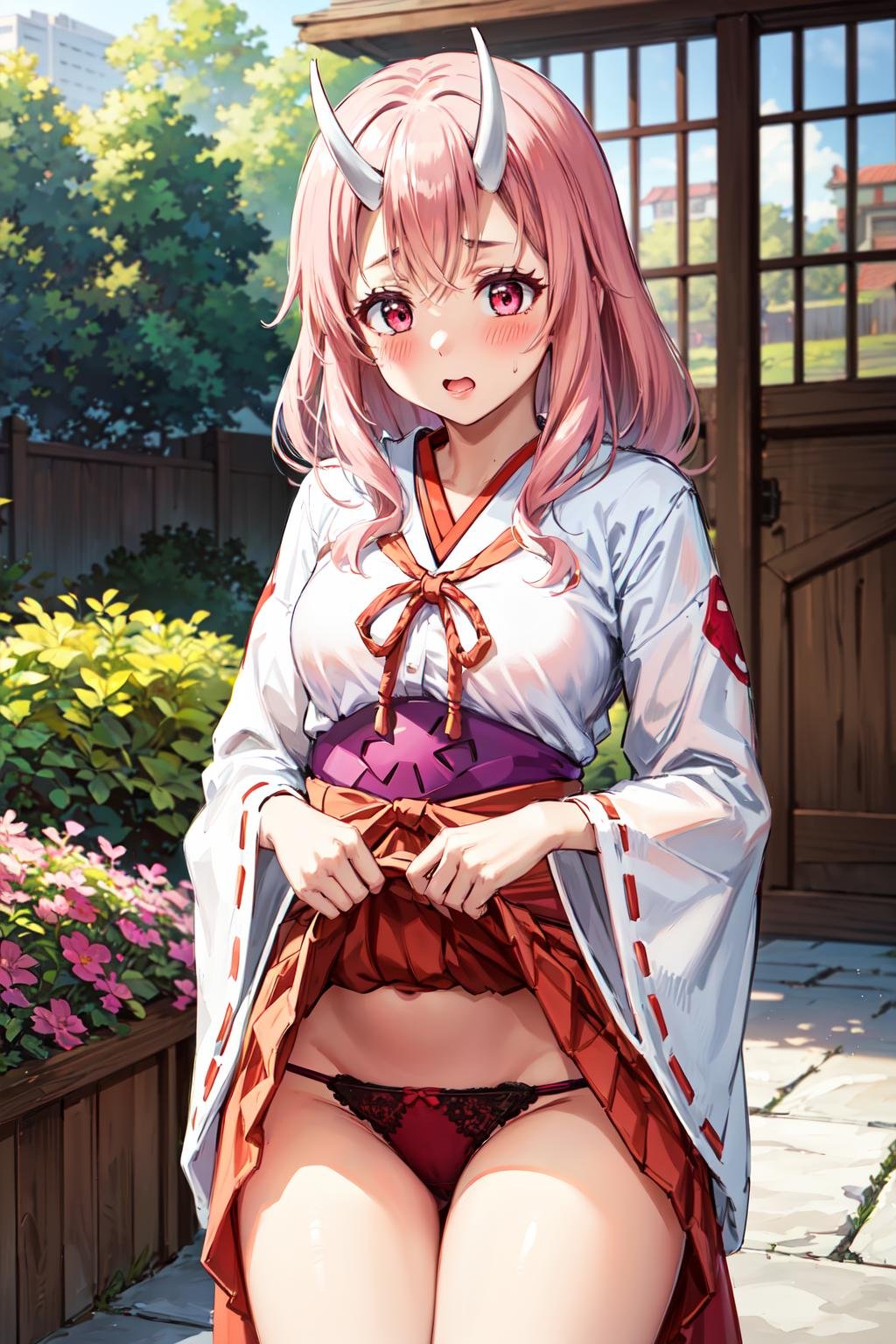 masterpiece,best quality,highres,ultra-detailed,aashuna,oni horns,long hair,red ribbon,hair ornament,miko,kimono,sash,long sleeves,ribbon-trimmed sleeves,ribbon trim,hakama skirt,red hakama,tabi,<lora:shuna_(tensei_shitara_slime_datta_ken):0.7>,(hakama lift:1.4),(blush:1.2),(embarrass:1.4),outdoors,garden,lace-trimmed panties,