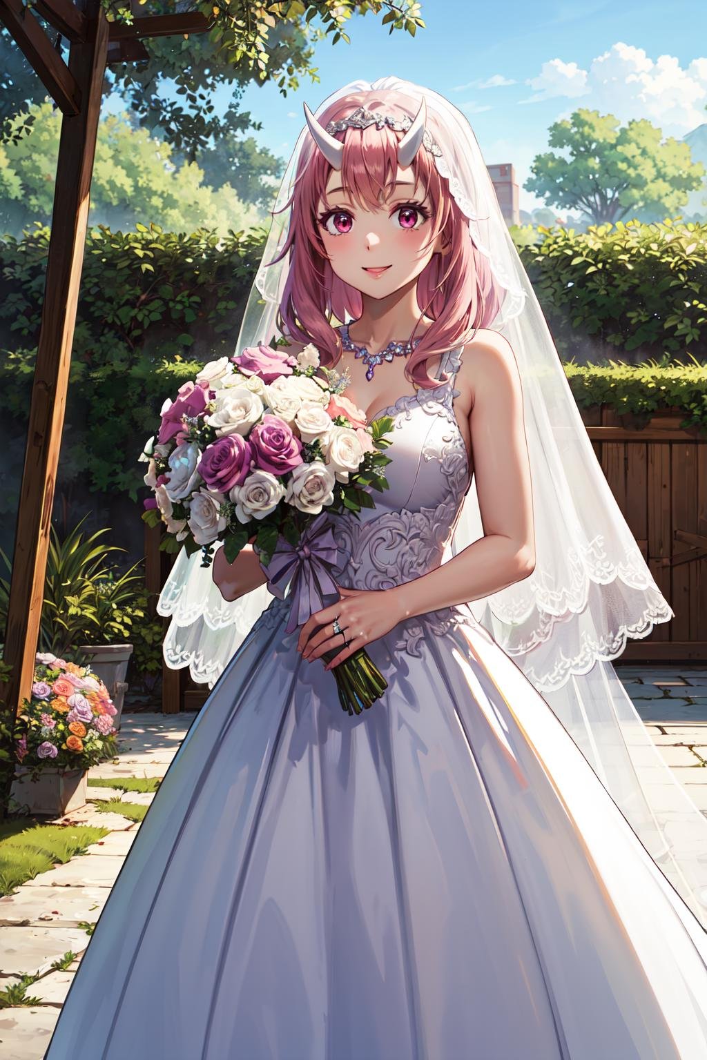 masterpiece,best quality,highres,ultra-detailed,aashuna,oni horns,long hair,hair ornament,<lora:shuna_(tensei_shitara_slime_datta_ken):0.7>,(wedding dress:1.2),white dress,(veil:1.2),garden,smile,outdoors,standing,cowboy shot,holding bouquet,