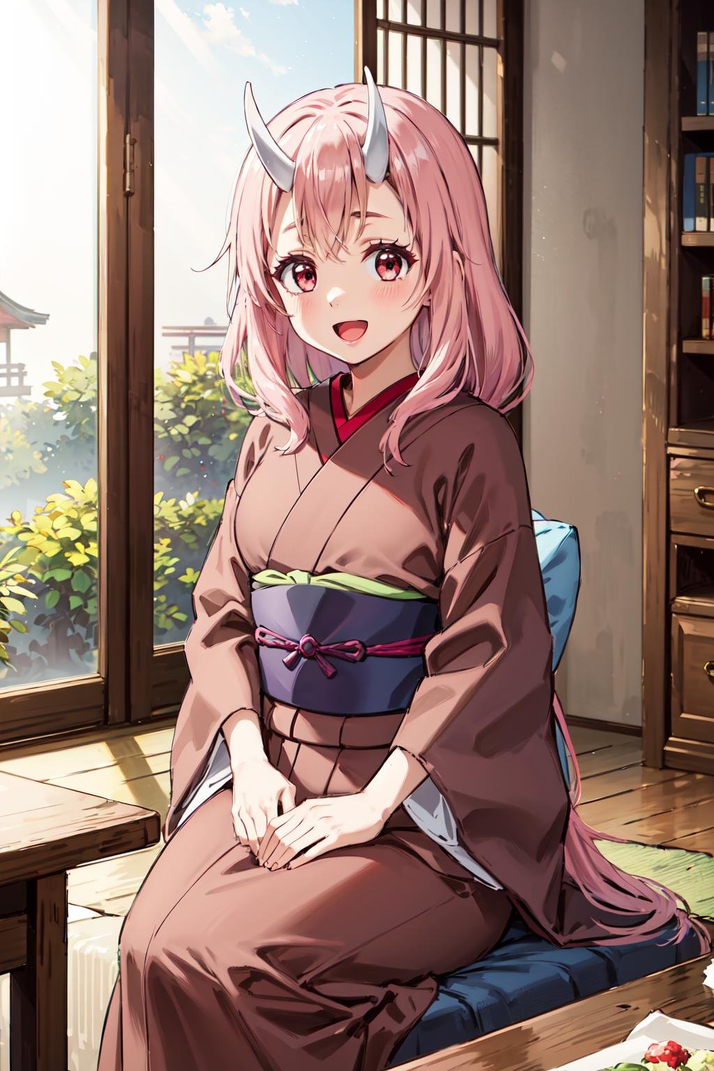 masterpiece,best quality,highres,ultra-detailed,bbshuna,oni horns,long hair,hair ornament,japanese clothes,brown kimono,sash,obi,tabi,<lora:shuna_(tensei_shitara_slime_datta_ken):0.7>,indoors,sitting,:d,