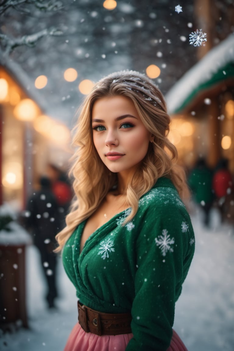 winter snowflake theme, (27-year-old Russian girl)) with a gorgeous and cute appearance. Capture her with a ((smirk)) and highlighting her ((freckles)). She should be wearing a ((green top and pink skirt)). In the background, include a young girl in a green top and pink skirt for context. This should be a ((masterpiece)) with a ((best_quality)) in ultra-high resolution, both ((4K)) and ((8K)), incorporating ((HDR)) for added vibrancy. Utilize a ((Kodak Portra 400 lens)) to achieve a professional and timeless quality. Emphasize a ((blurry background)) with a touch of ((bokeh)) and ((lens flare)) for artistic effect. Enhance ((vibrant colors)) for a lively appearance. Ensure the photograph is ((ultra-detailed)) and showcases ((absurdres)) details. Pay extra attention to capturing the ((beautiful face)) of the subject, focusing on features such as ((large breasts)) and a ((narrow waist)). Highlight any ((tattoos)) present. The goal is to create a ((professional photograph)) that is both visually striking and technically superb.