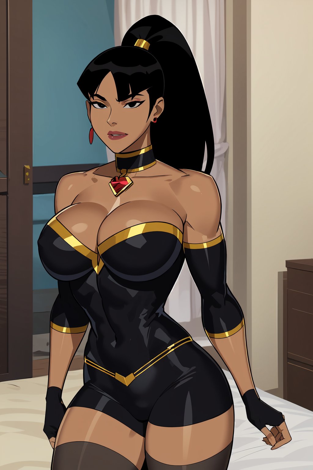  masterpiece, best quality, Superwoman, 1girl, solo, black hair, ponytail, center parted bangs, black eyes, good lips, dark skin, large breasts, cleavage, black tights, fingerless_gloves, ((bare legs)), out off shoulders, neck rings, earrings, in room