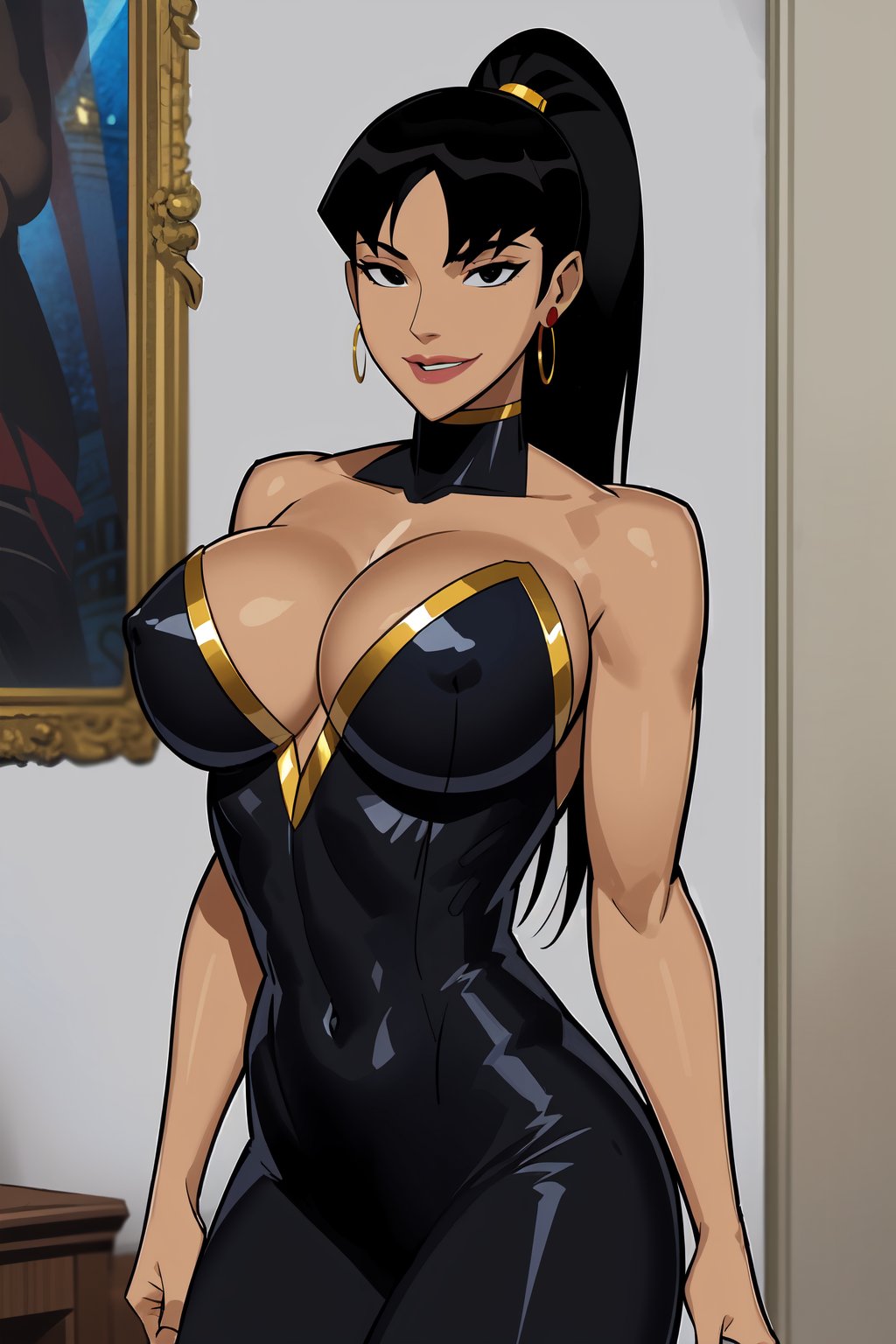  masterpiece, best quality, Superwoman, 1girl, solo, black hair, long ponytail, long center parted bangs, black eyes, good lips, earrings, happy, dark skin, large breasts, dress_suit, in room