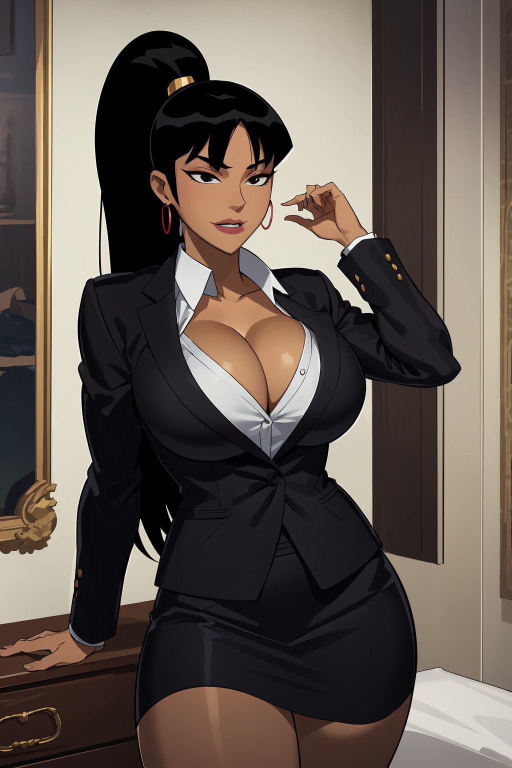  masterpiece, best quality, Superwoman, 1girl, solo, black hair, long ponytail, long center parted bangs, black eyes, good lips, earrings, happy, dark skin, large breasts, cleavage, suit coat, button_shirt, skirts, stockings, in room